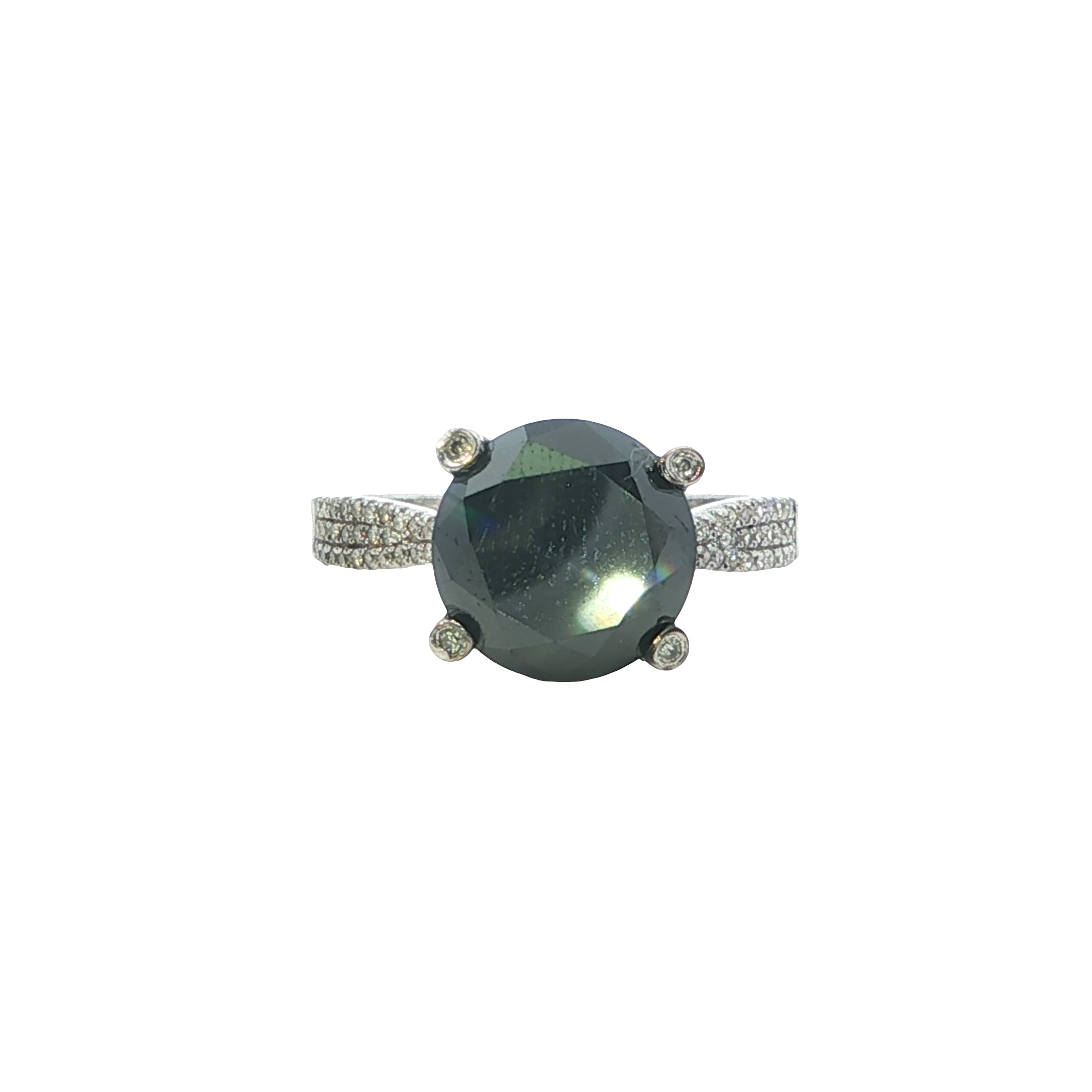 Ring with a large central gemstone and smaller stones on a white background