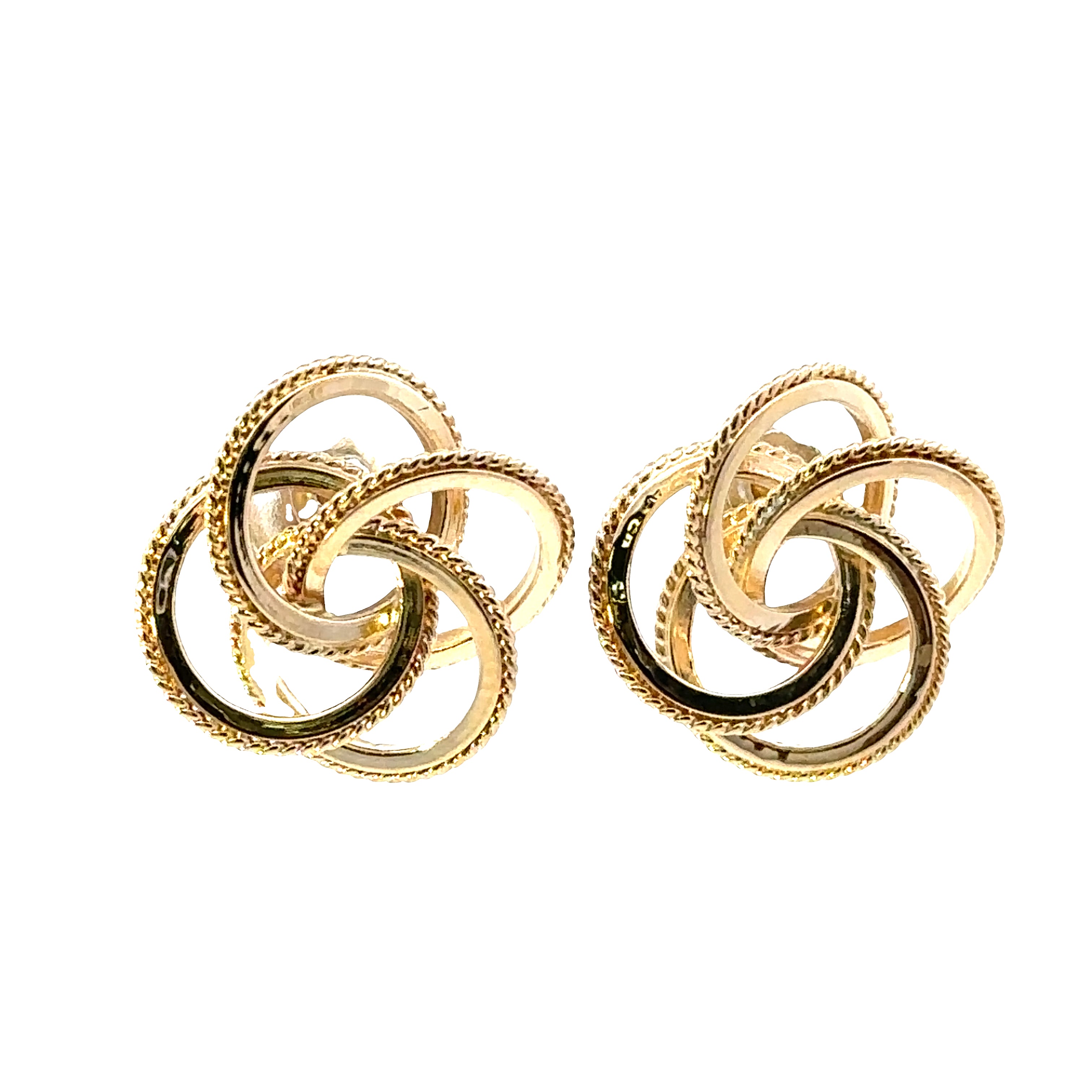 Pair of gold interlinked earrings on a white background