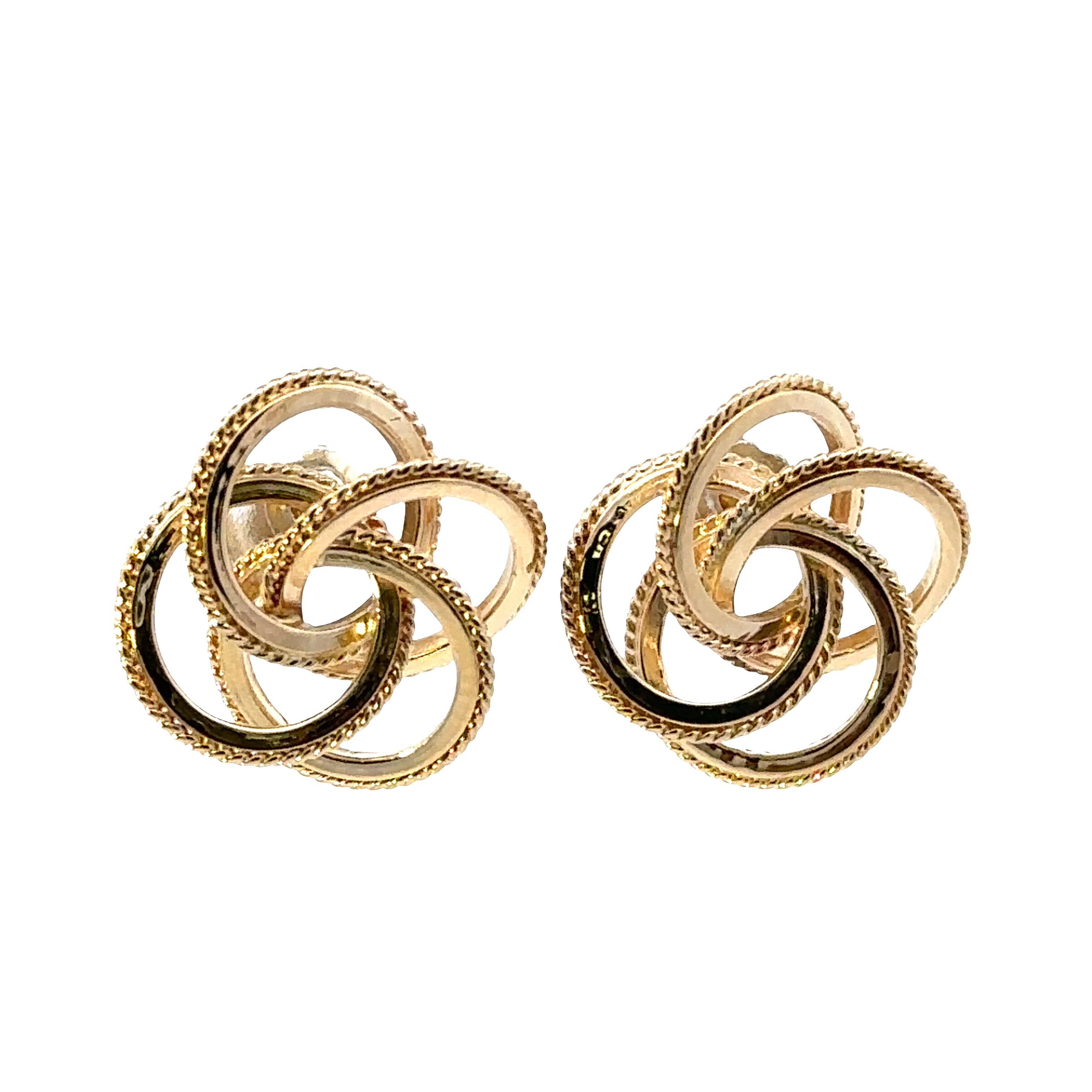 Pair of gold interlinked earrings on a white background