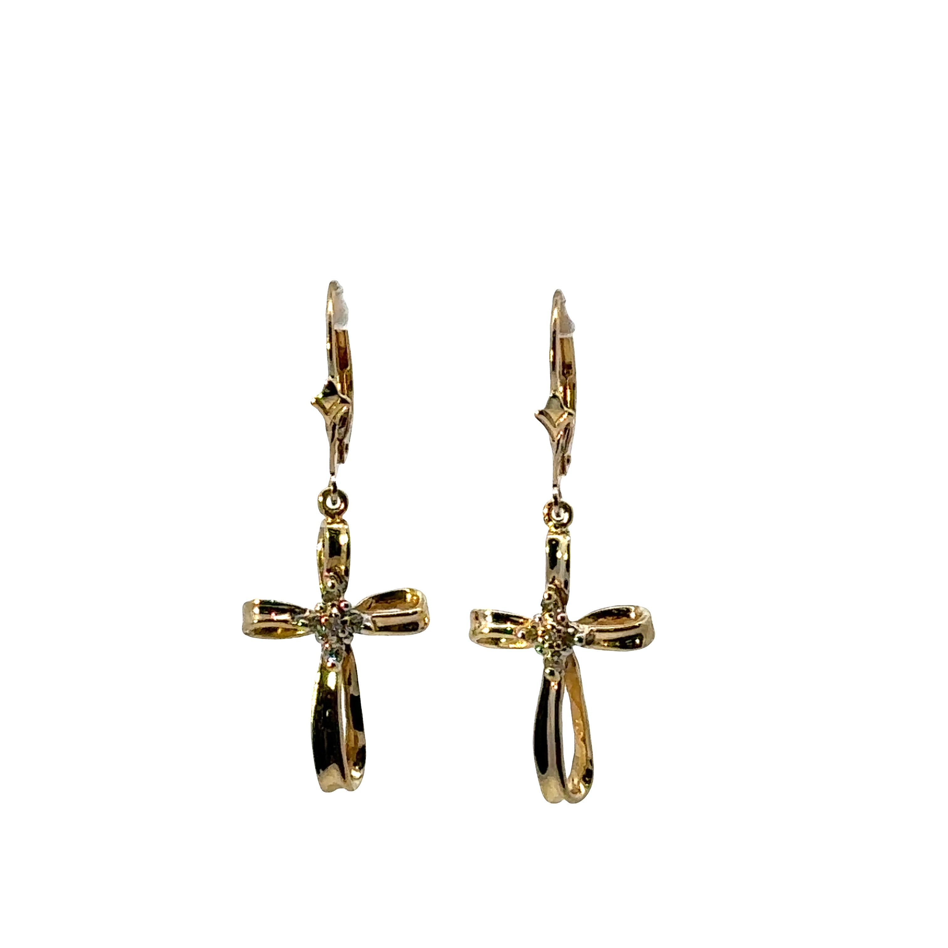 Gold cross-shaped earrings on a white background