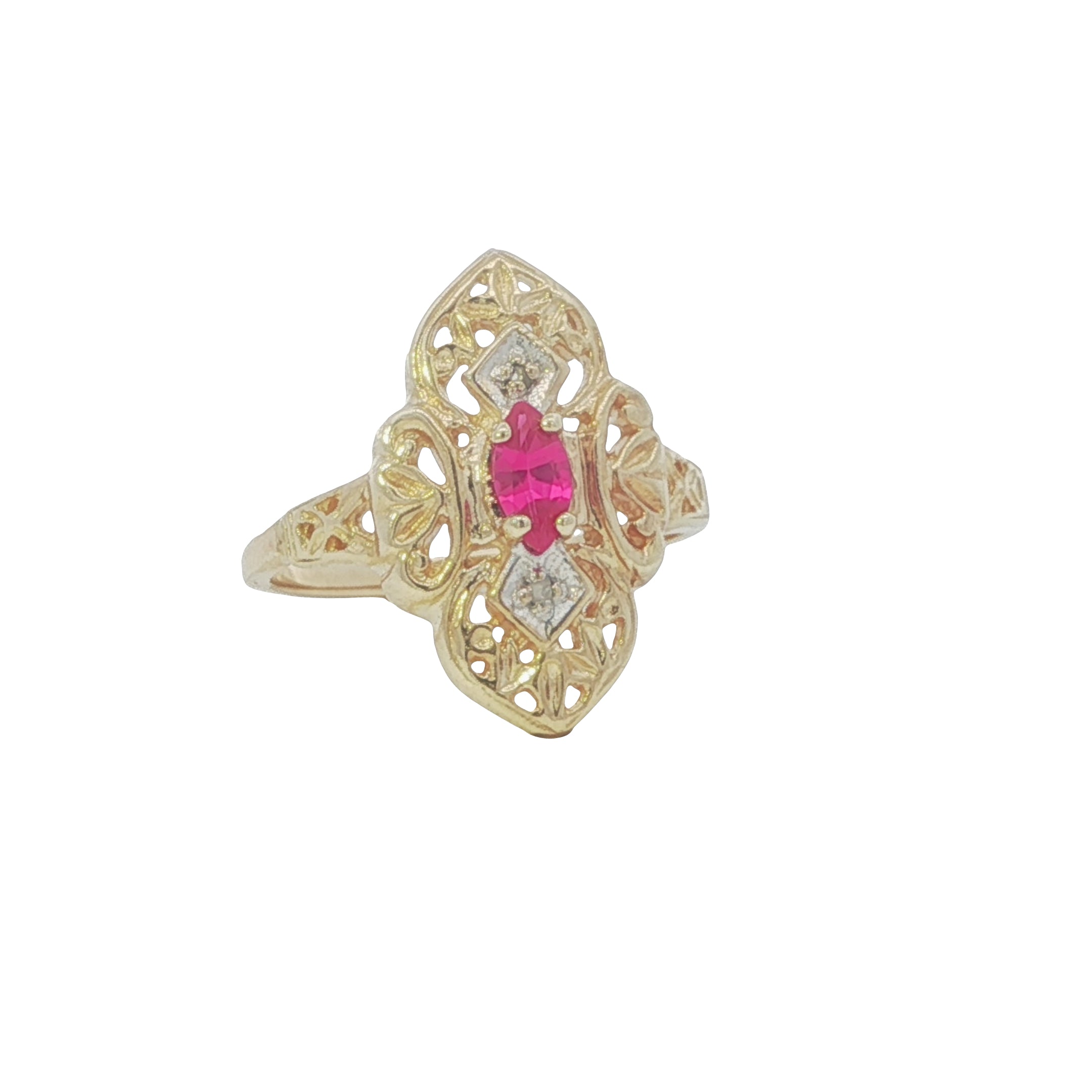 Gold ring with a pink gemstone on a white background