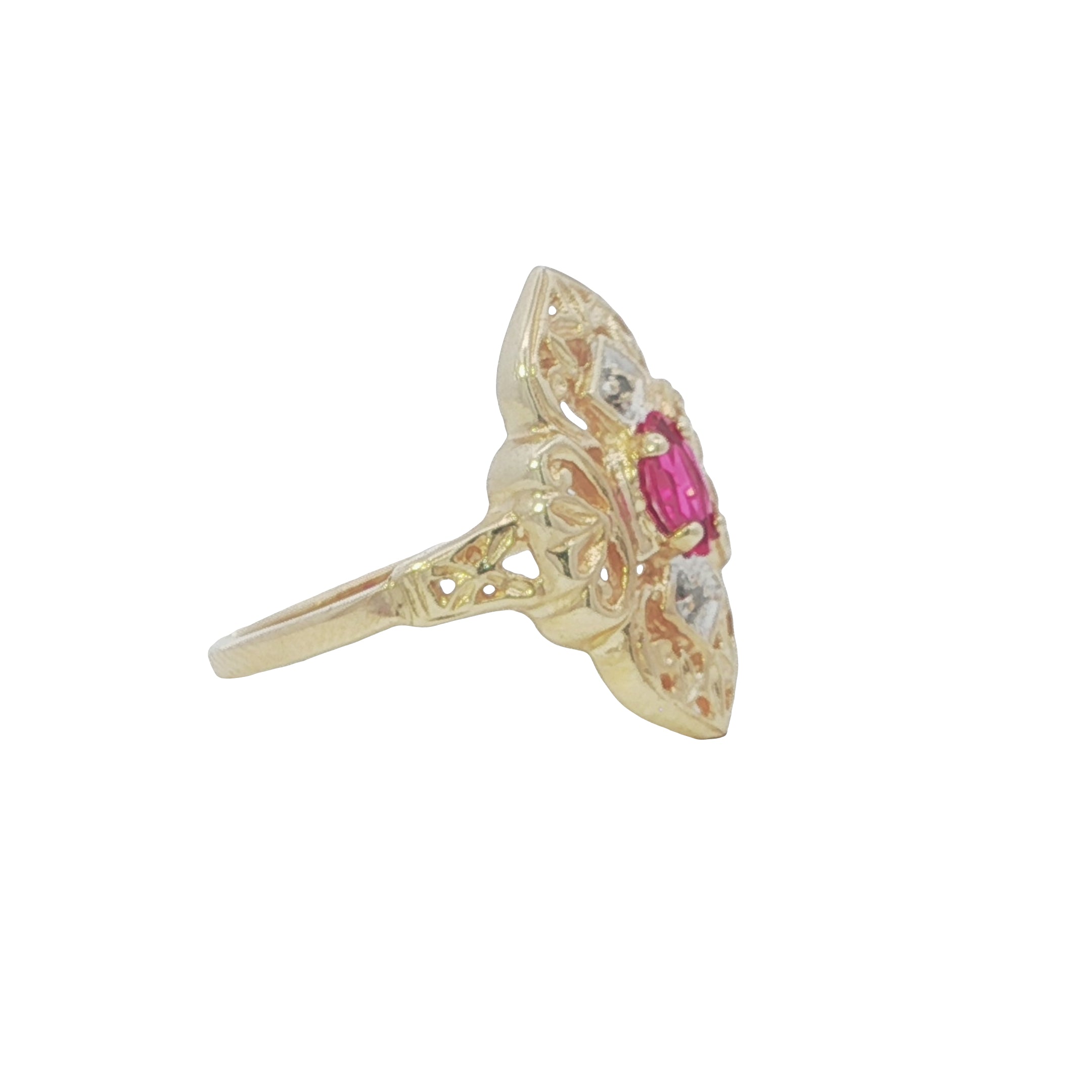 Gold ring with a pink gemstone on a white background