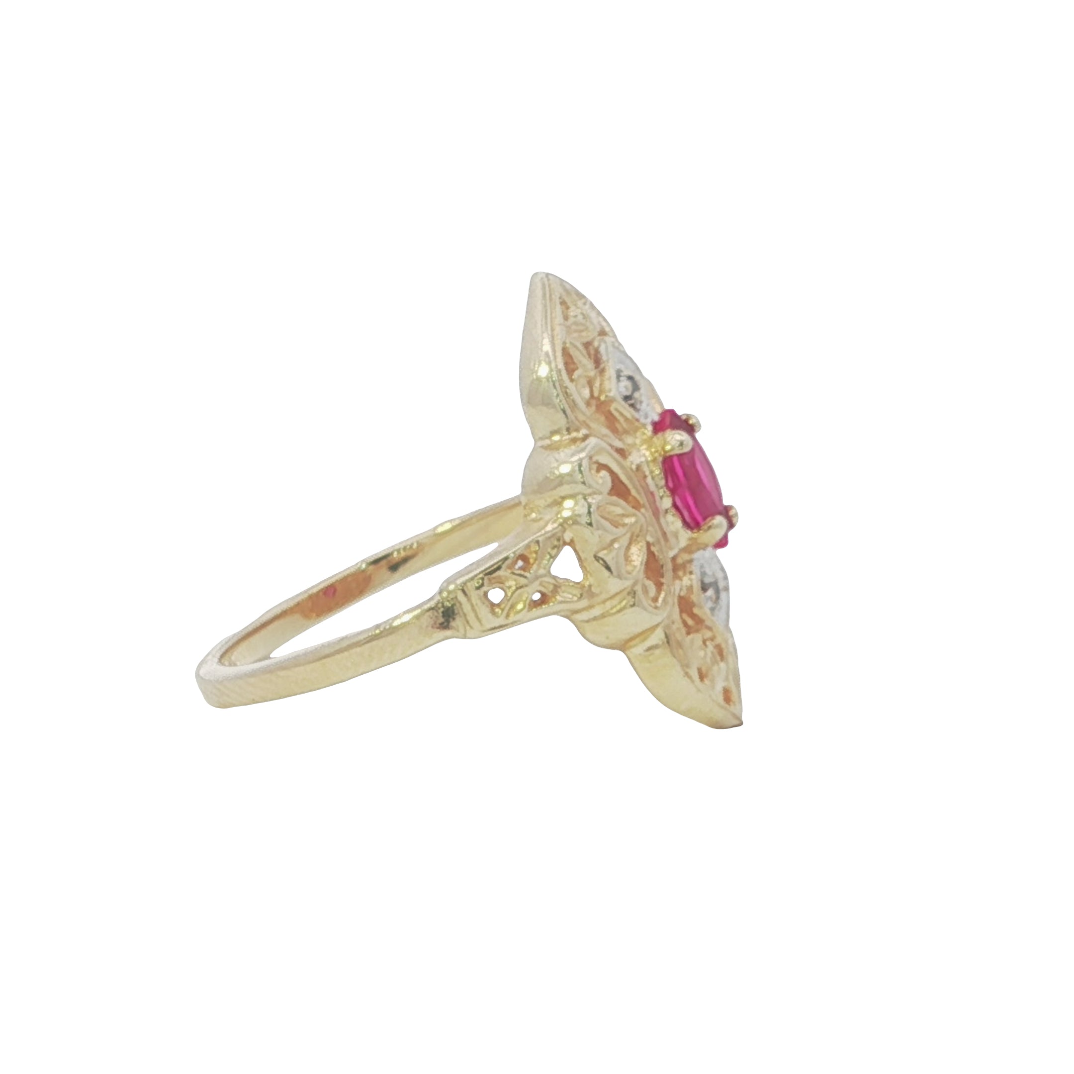 Gold ring with a pink gemstone on a white background