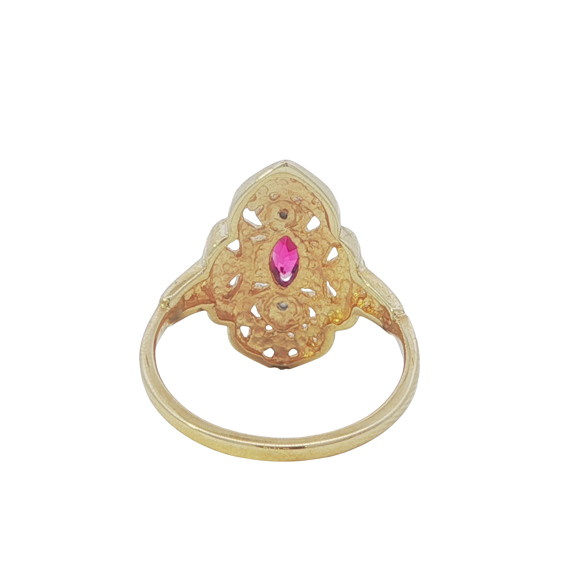 Gold ring with a pink gemstone on a white background