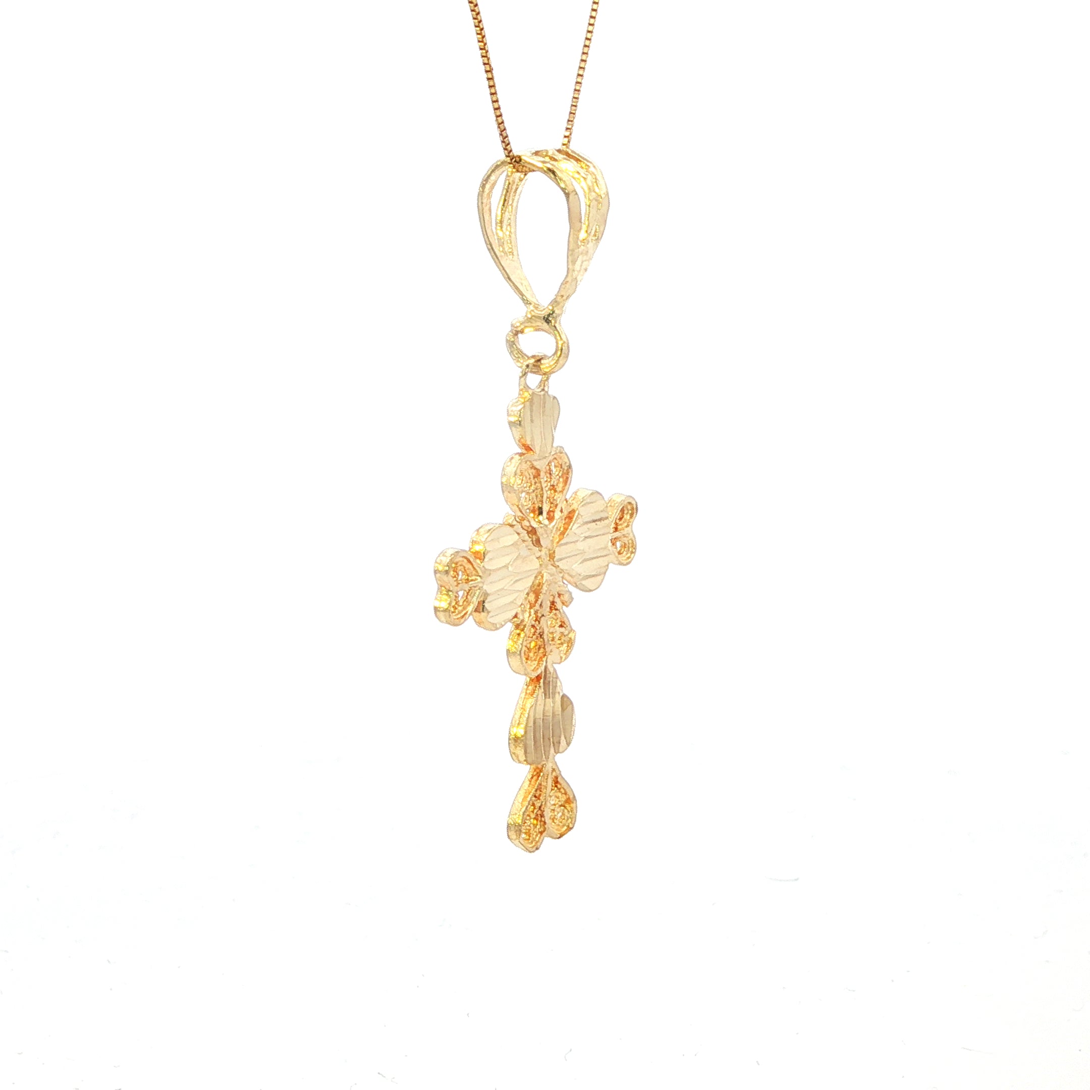 Gold necklace with a butterfly pendant on a white background