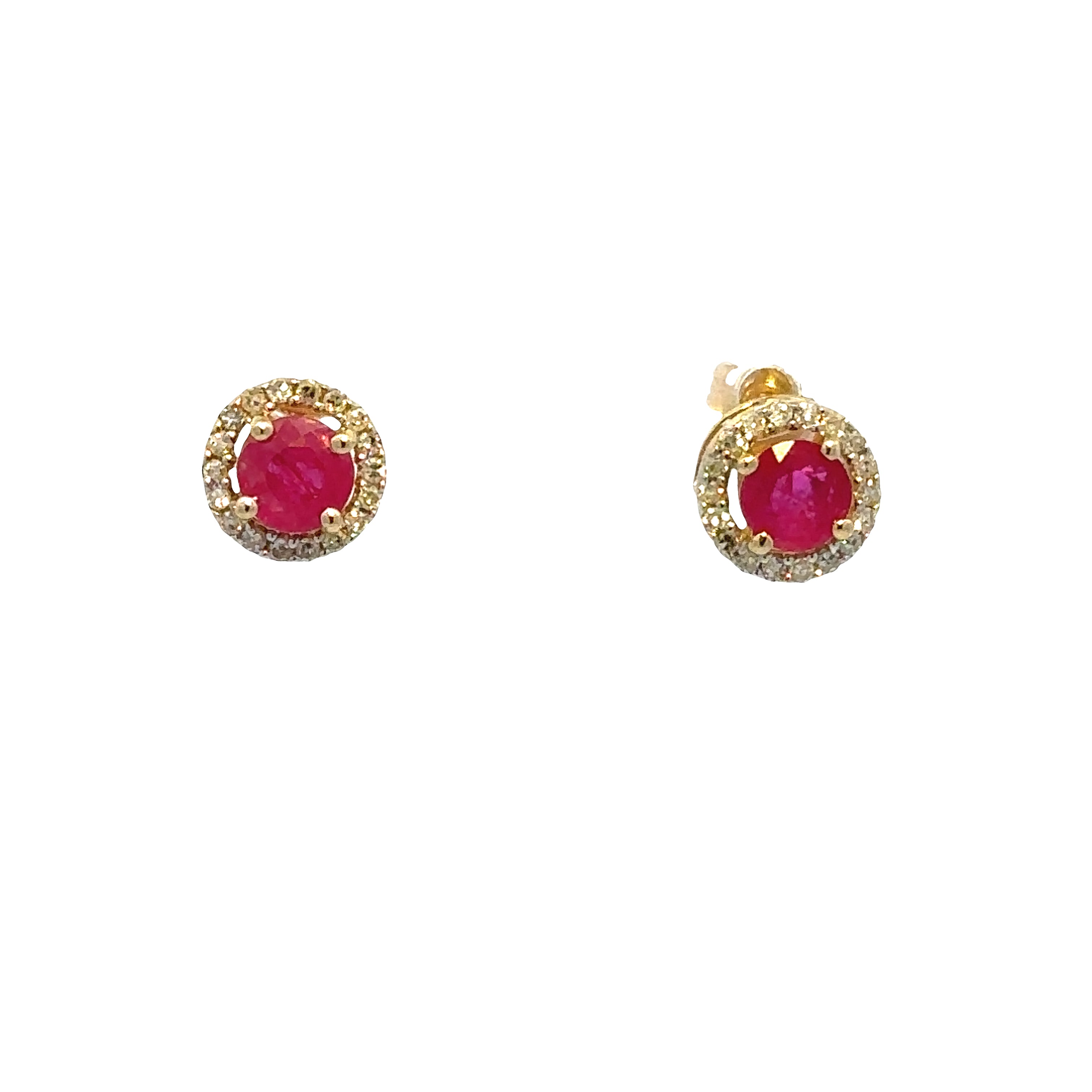 Estate Collection: 10K Yellow Gold Ruby and Diamond Halo Friction-Back Stud Earrings