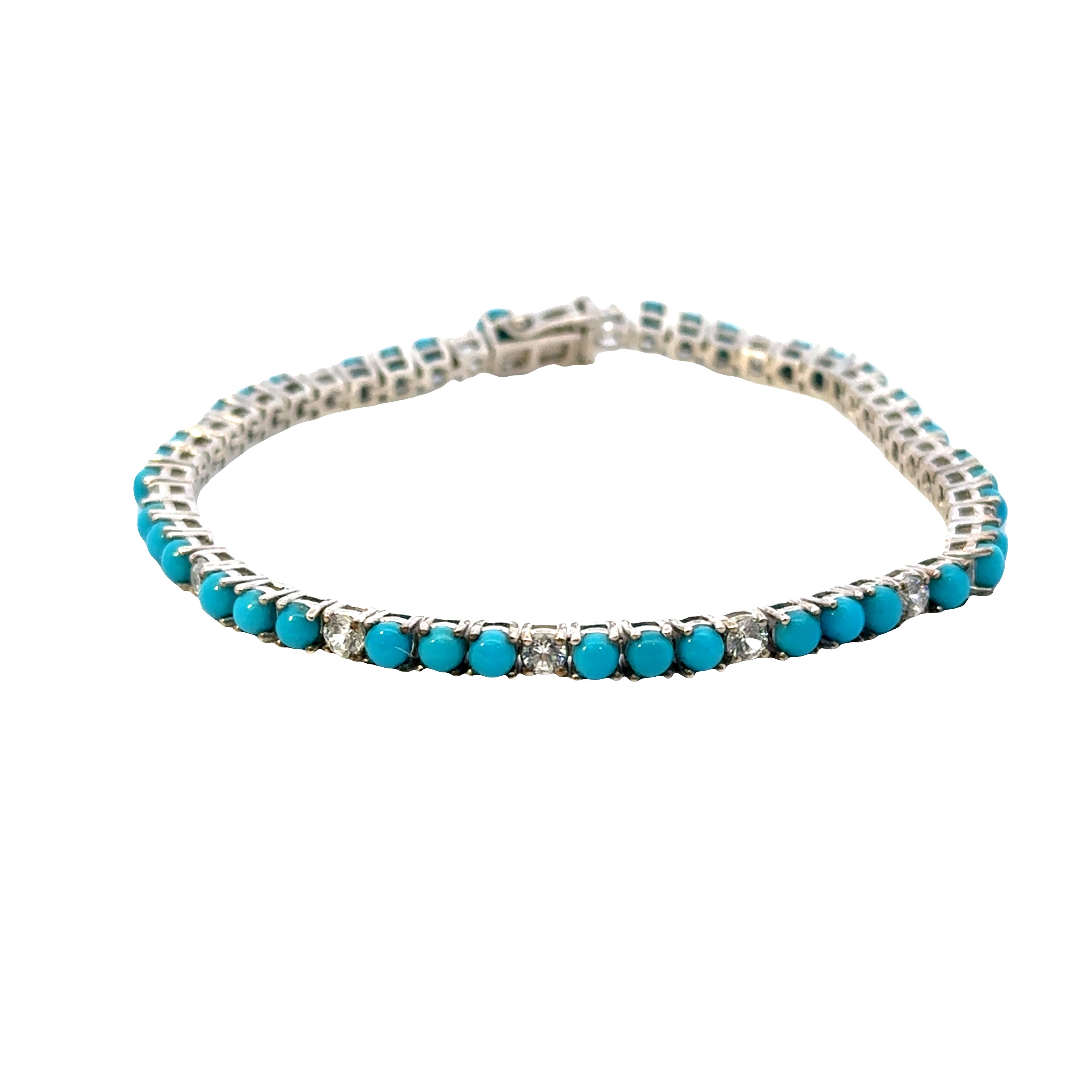 Turquoise beaded bracelet with silver accents on a white background