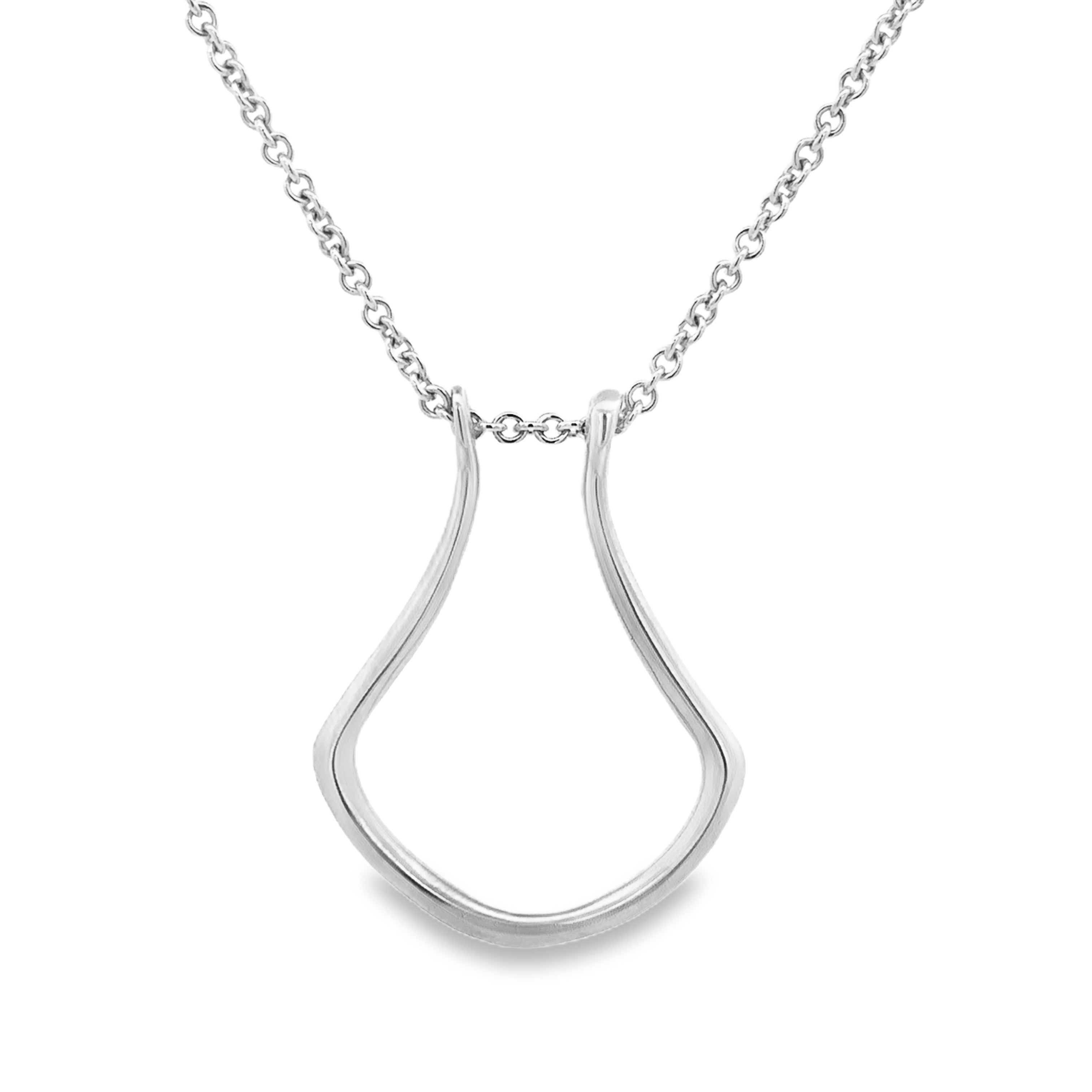 Silver necklace with a teardrop-shaped pendant on a white background