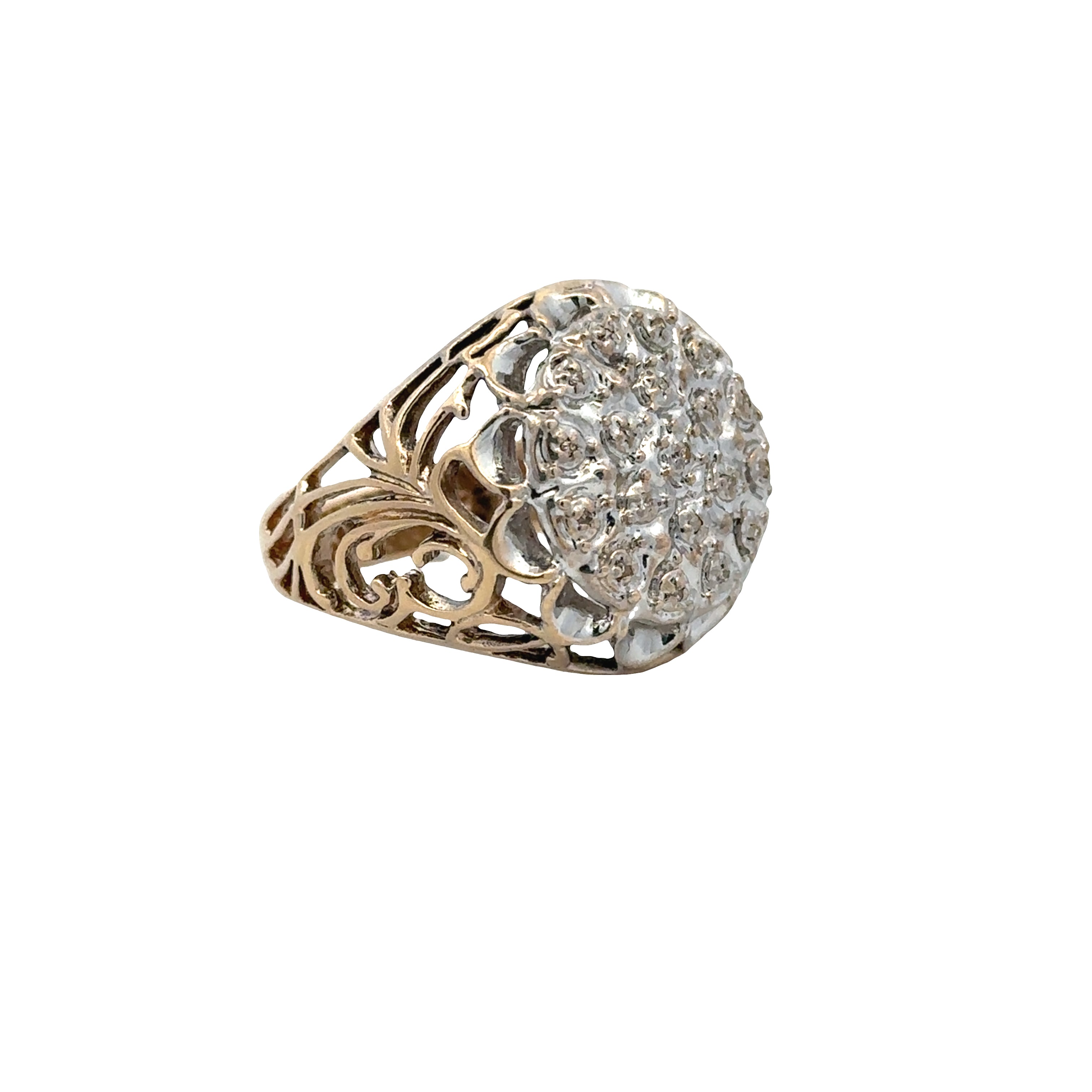 Gold ring with a diamond cluster on a white background