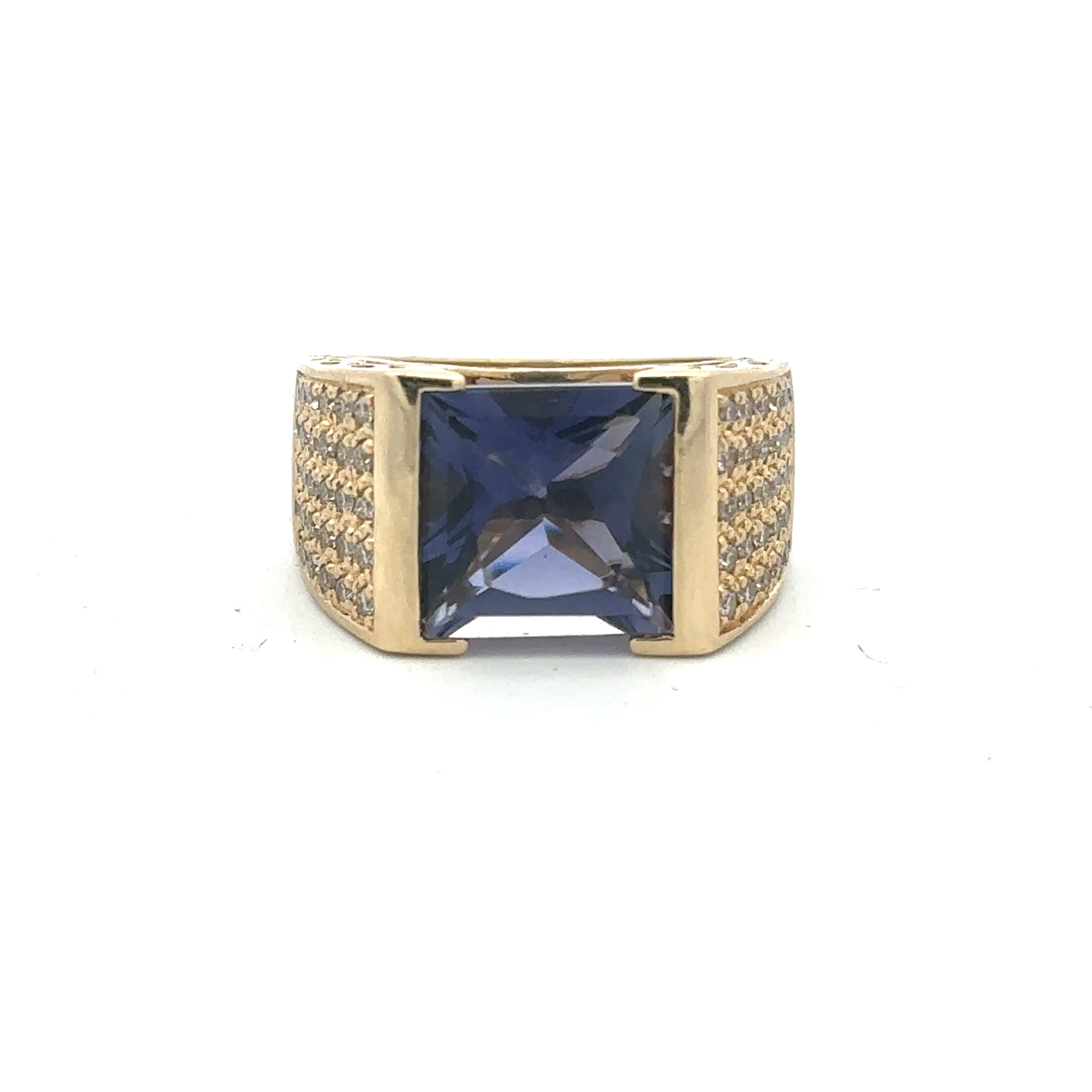 Estate Collection: 14K Yellow Gold Iolite Princess-Cut Accented Diamond Wide Ring