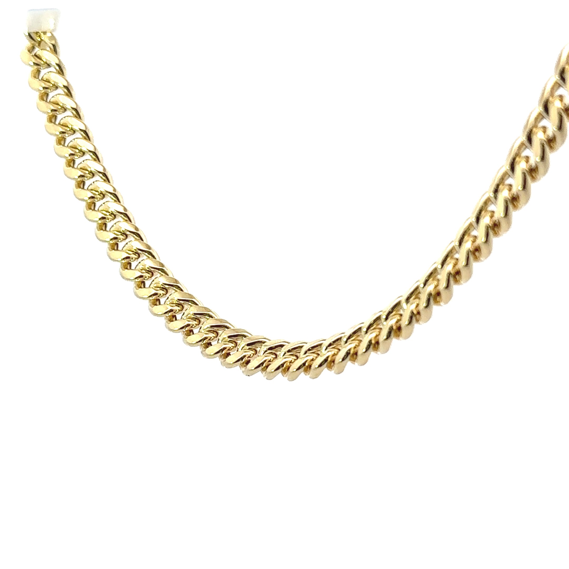 Angled to the left view of 10K Yellow gold 8.8MM Semi-Solid Miami Cuban Link 22" on white background.