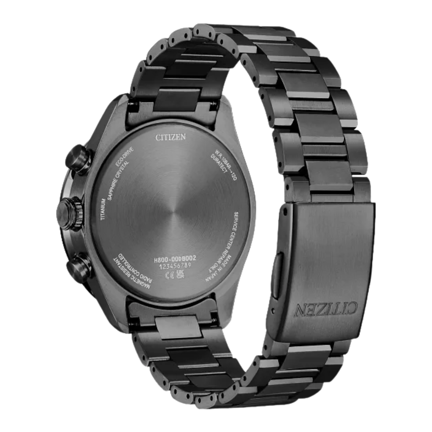 Black Citizen watch with metal band on a white background