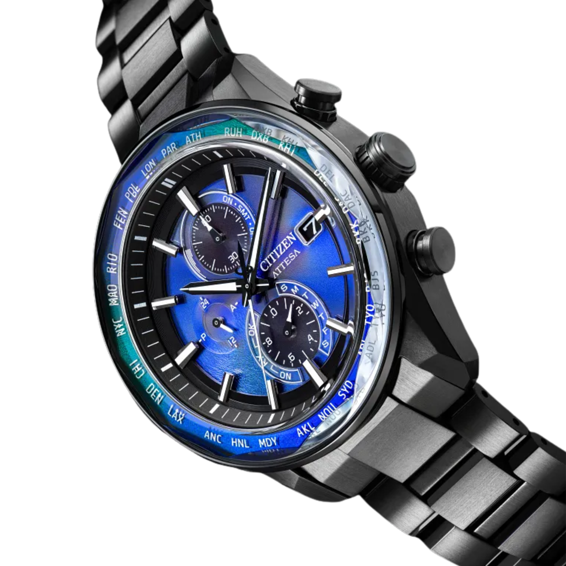 Citizen watch with blue face and black metal strap on white background