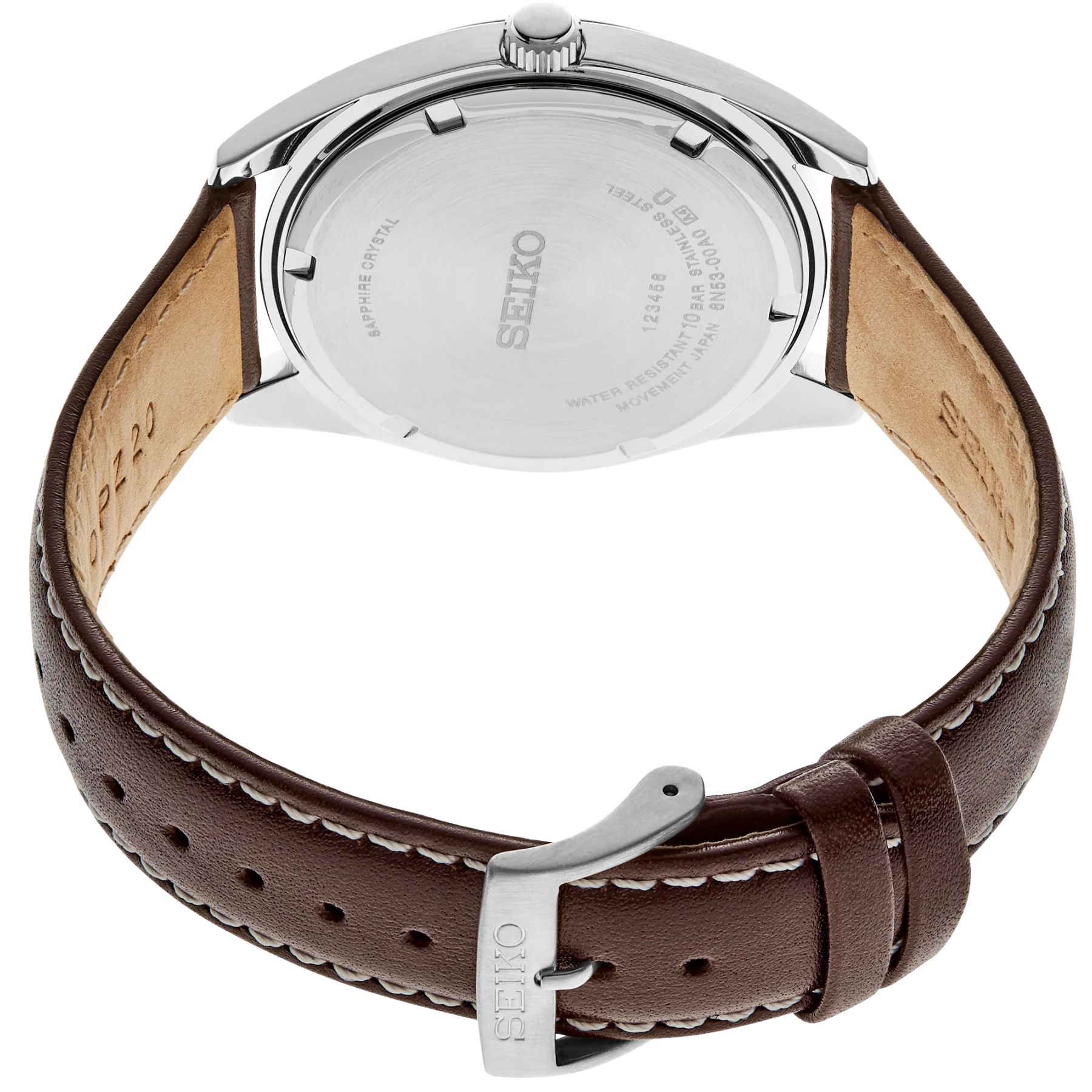 Seiko watch with brown leather strap on a white background