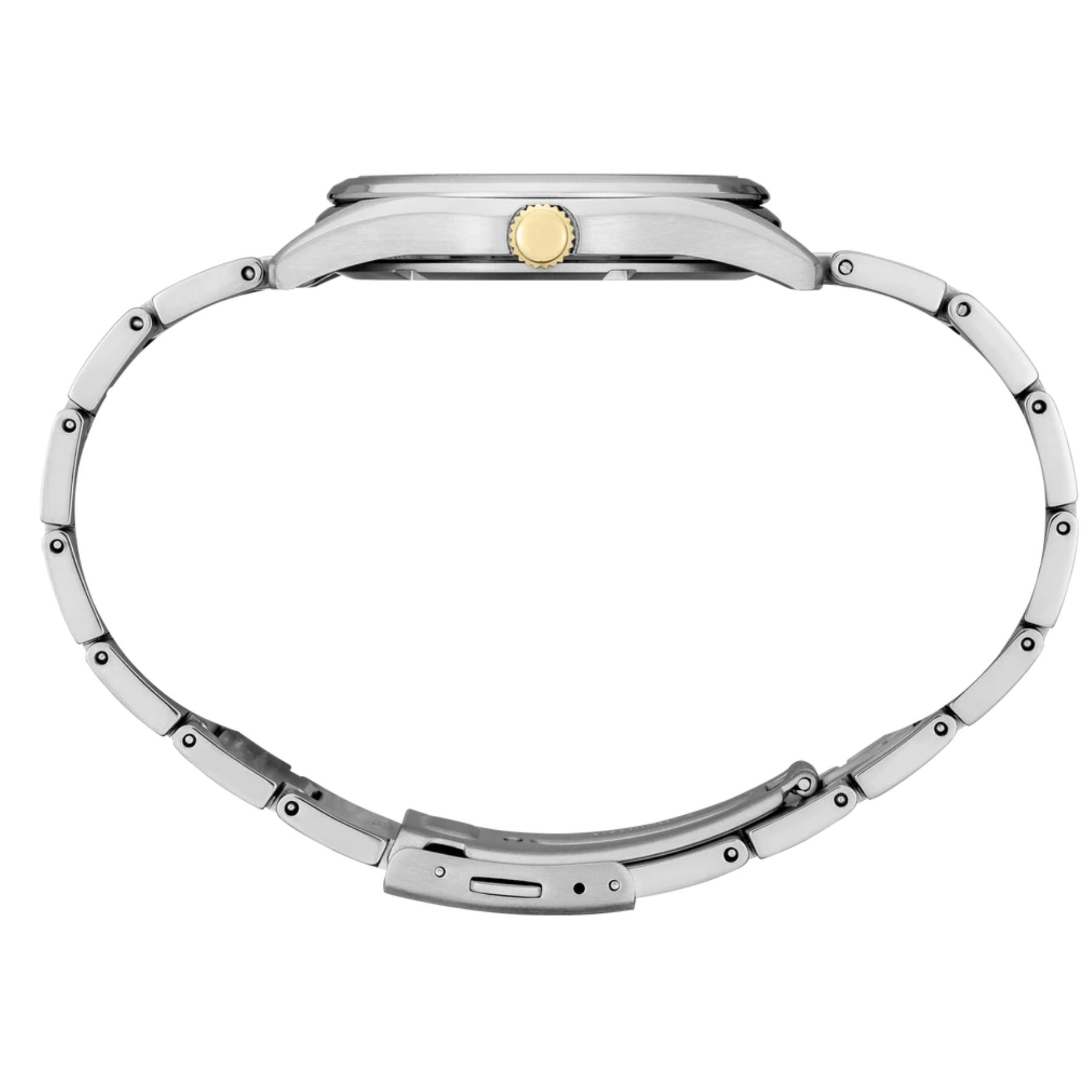 Silver bracelet with a gold clasp on a white background