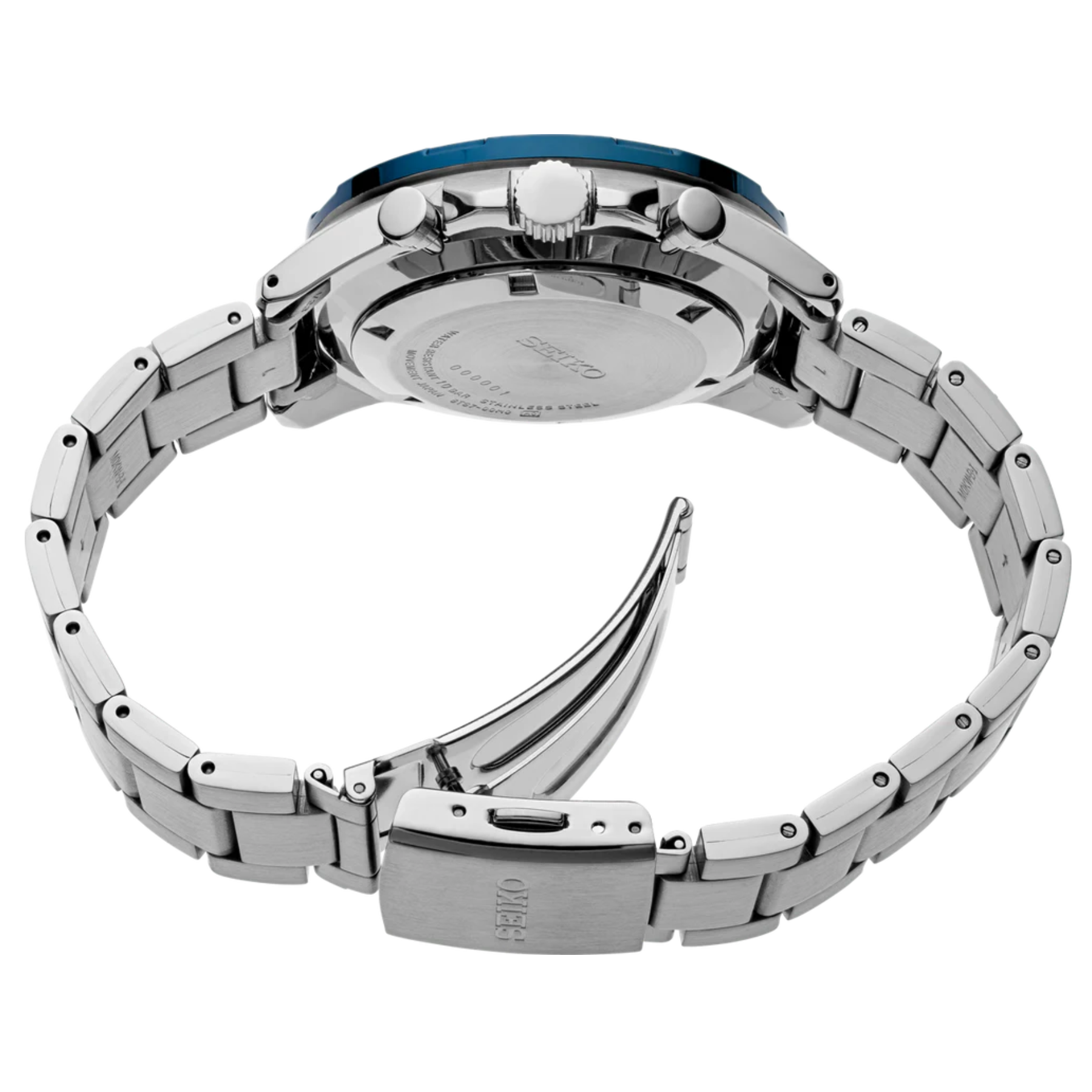 Close-up of a silver watch with a blue accent on a white background