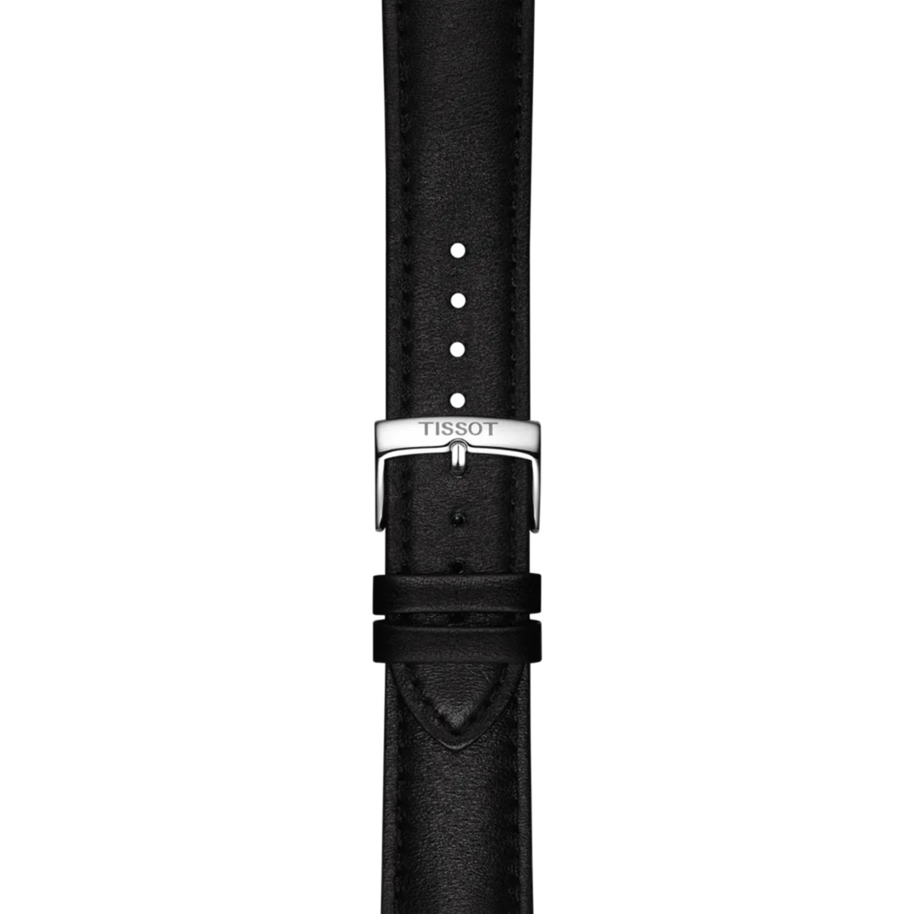 Black watch strap with silver Tissot buckle on a white background