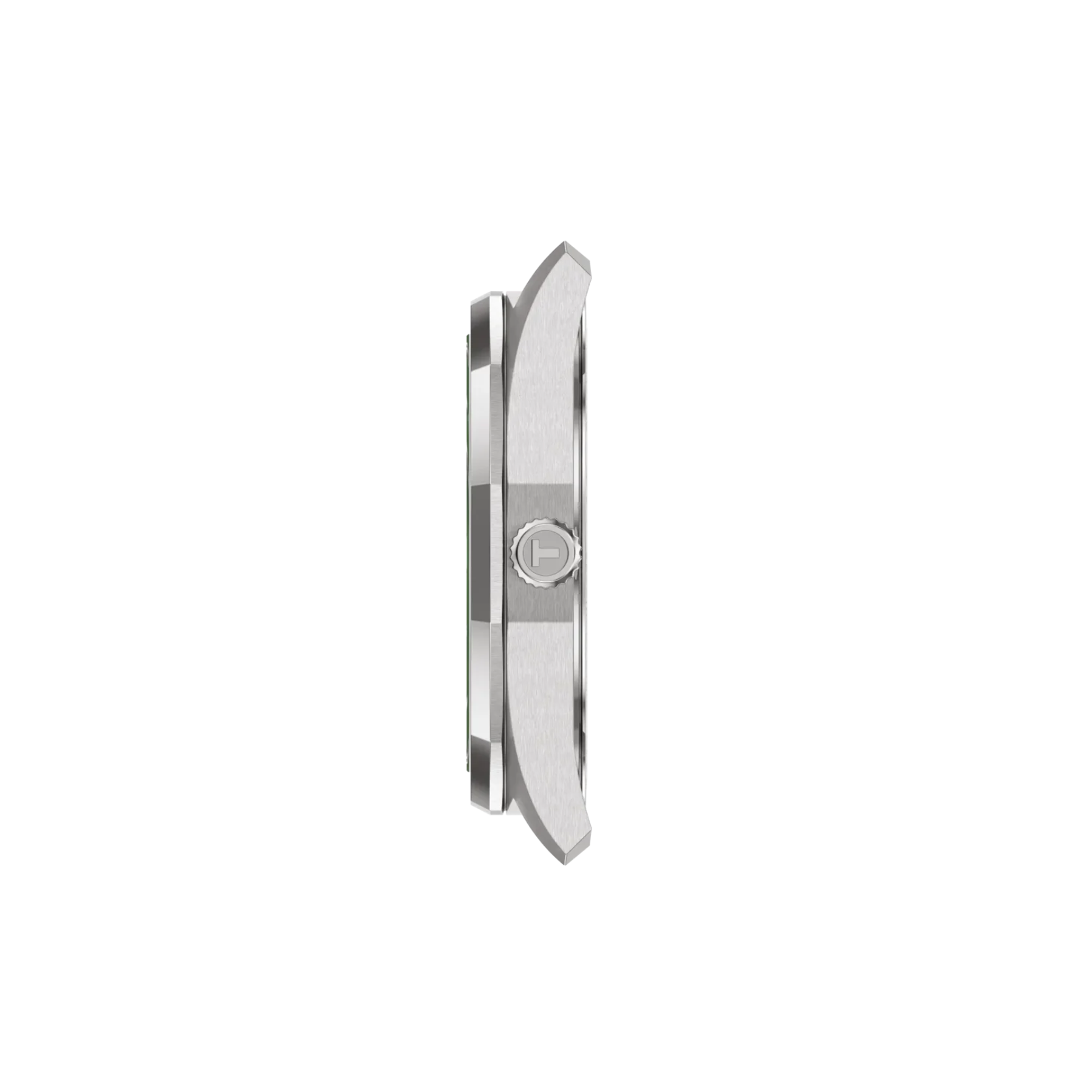 A side profile view of a slim stainless steel watch case with a brushed finish and a polished crown, shown against a solid white background.