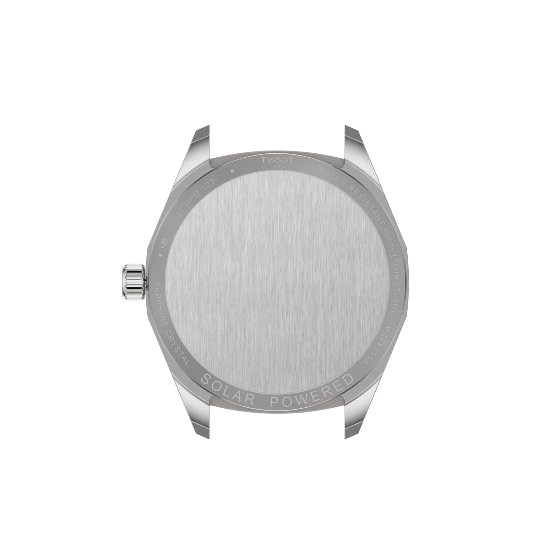 The back of a stainless steel watch case, featuring a brushed metal finish with 'SOLAR POWERED' and 'TIMELOR' engraved on the bezel, shown on a plain white background.