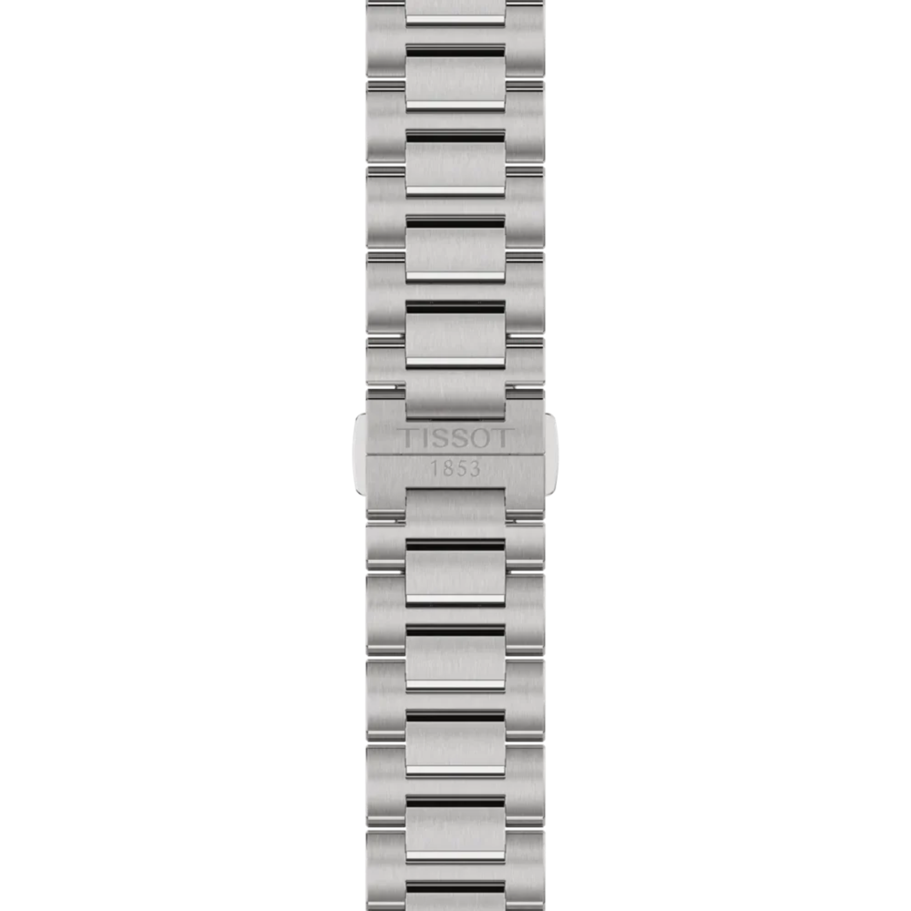 A close-up of a stainless steel watch band with a central clasp engraved with the Tissot brand and '1853' text, set against a plain white background.