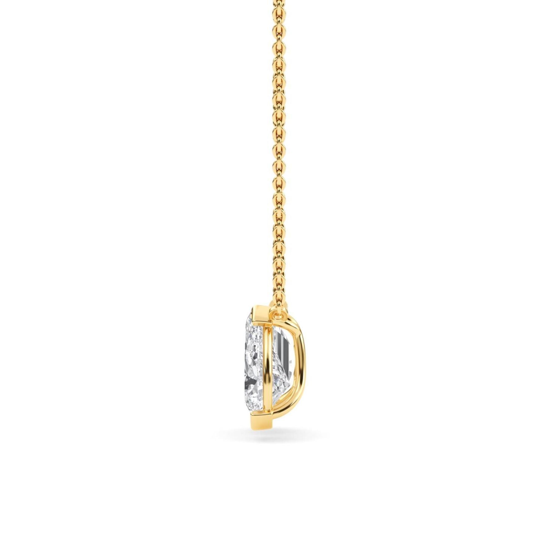 side view of necklace on white background