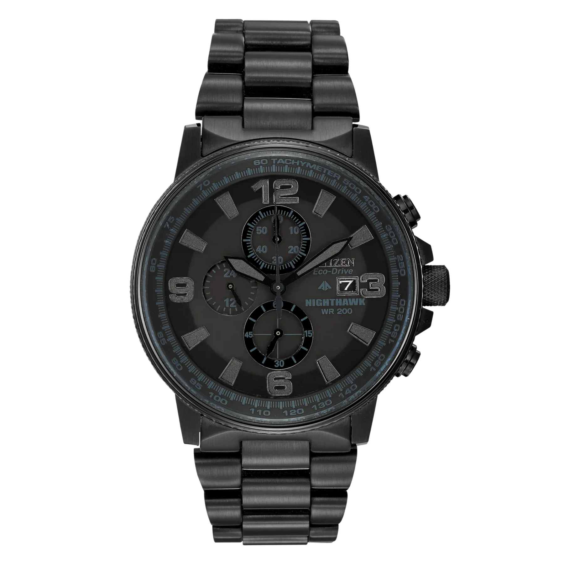 A Citizen watch with a black stainless steel link bracelet, black case, and a black dial featuring three subdials, white Arabic numerals, and a date window.