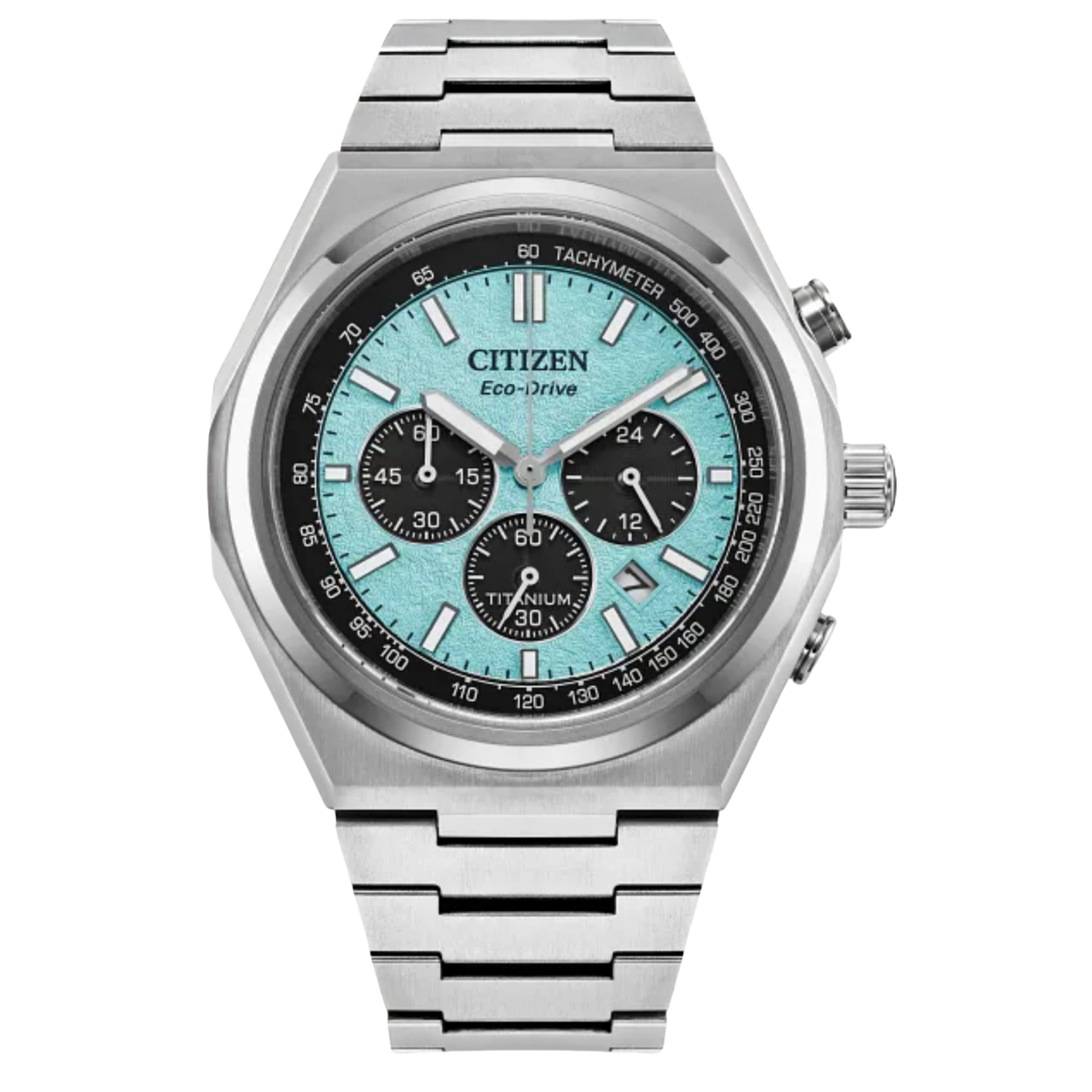 Citizen Eco-Drive Titanium watch with a silver stainless steel case and link bracelet, featuring a light blue dial with black subdials and a black tachymeter bezel.