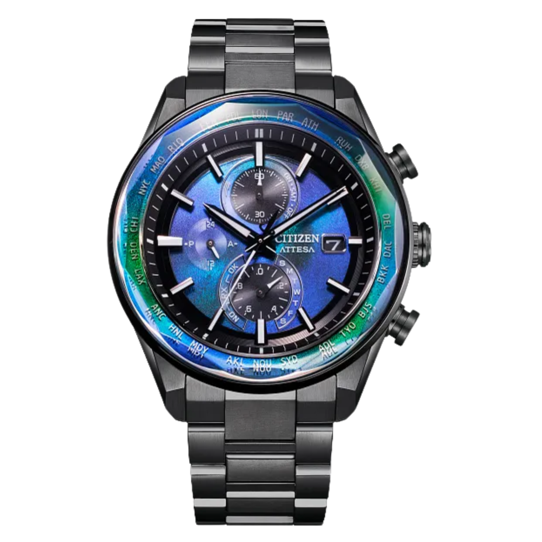 Citizen watch with a blue and green gradient face on a white background