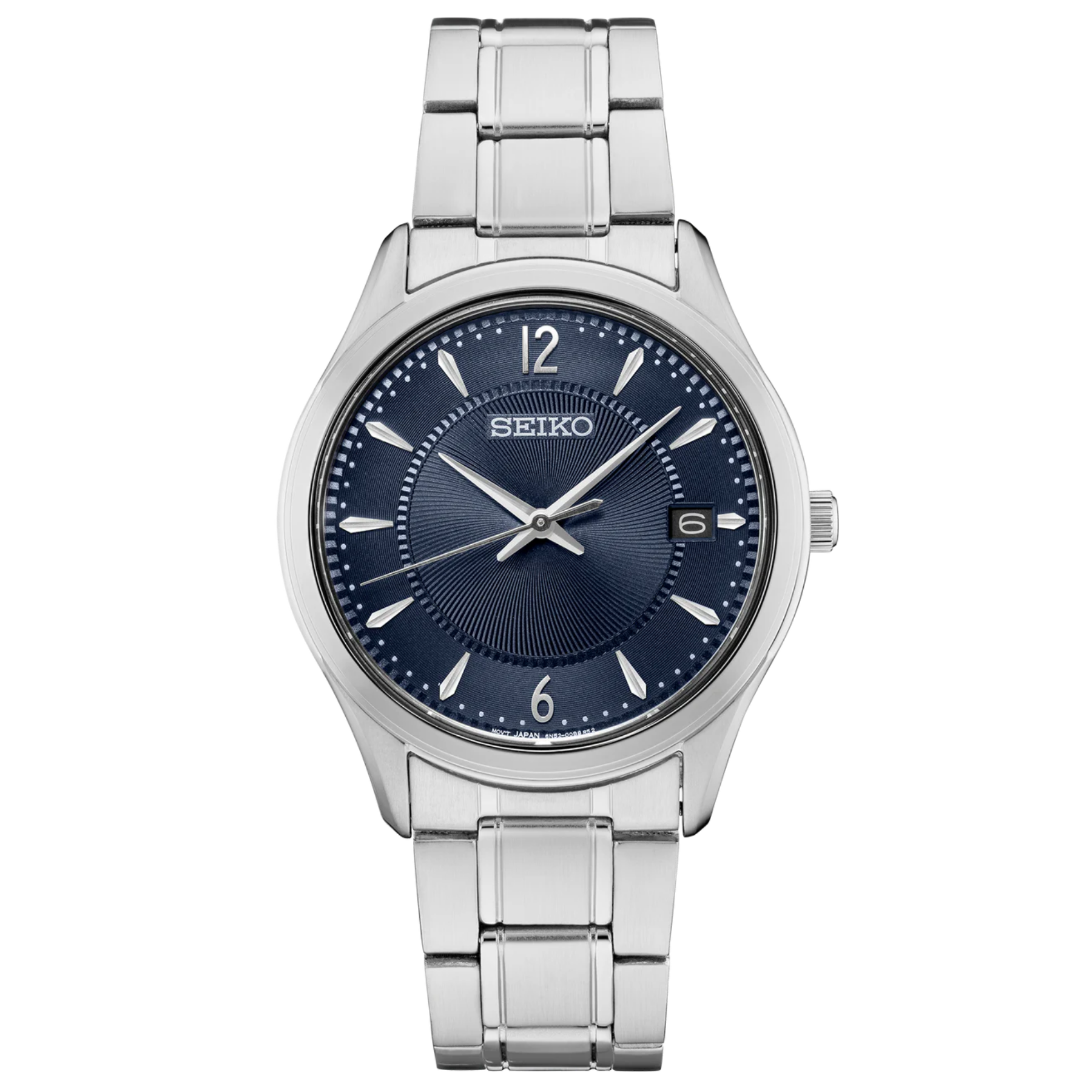 Seiko watch with silver metal strap and blue dial on a white background