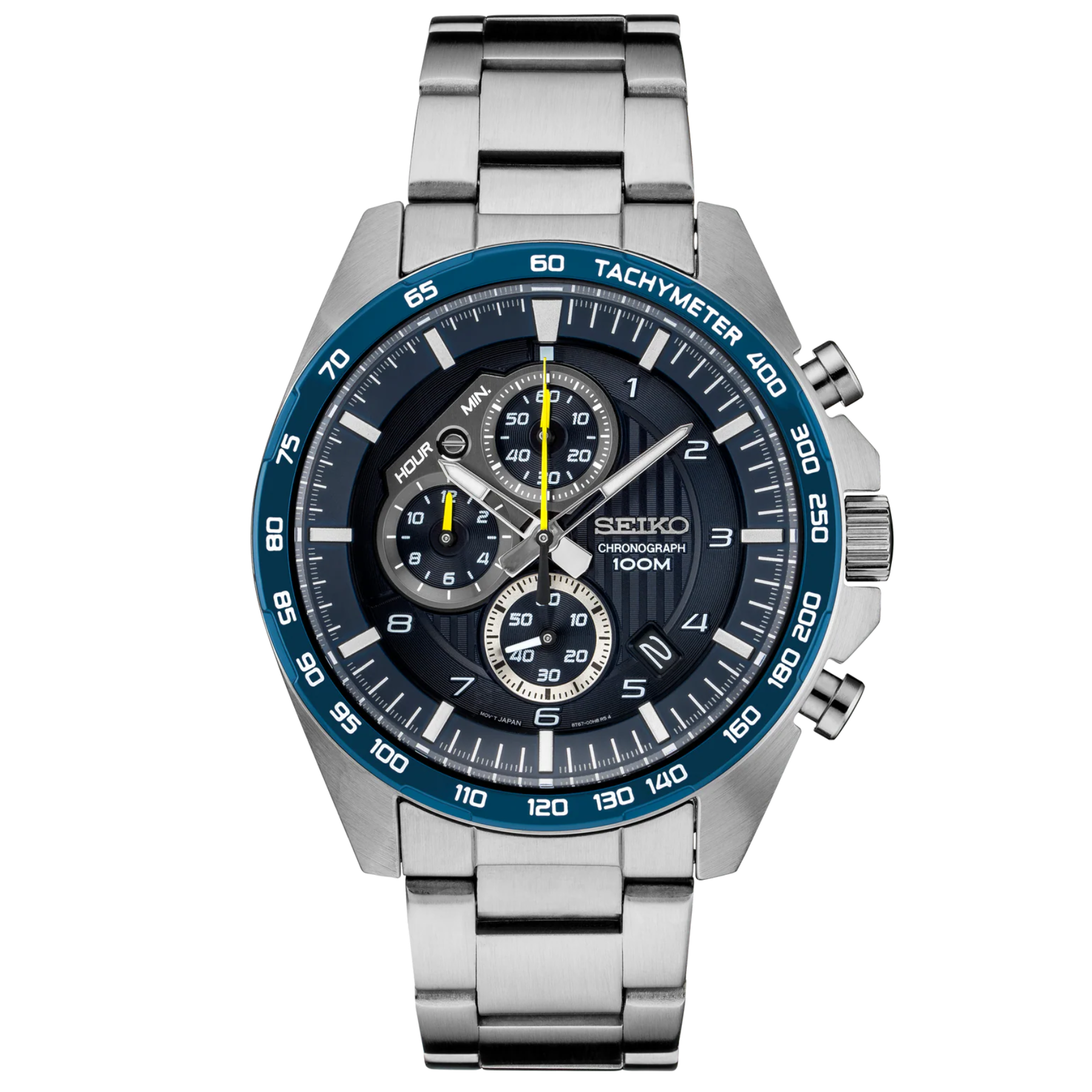 Seiko watch with silver and blue design on a white background