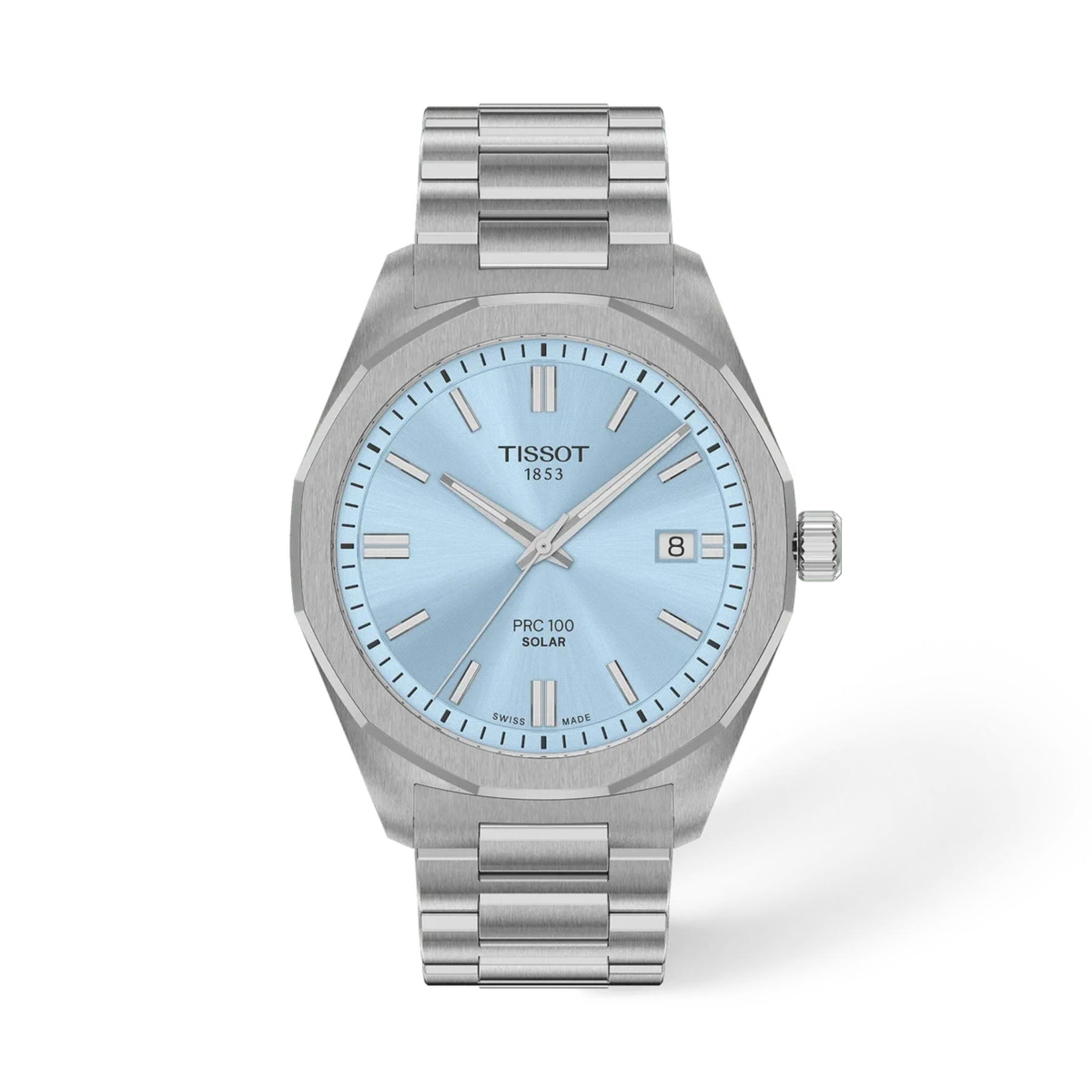 Tissot Solar 1853 ProC 100 Solar watch with a silver stainless steel case and bracelet, featuring a light blue dial with silver-tone indices and hands.