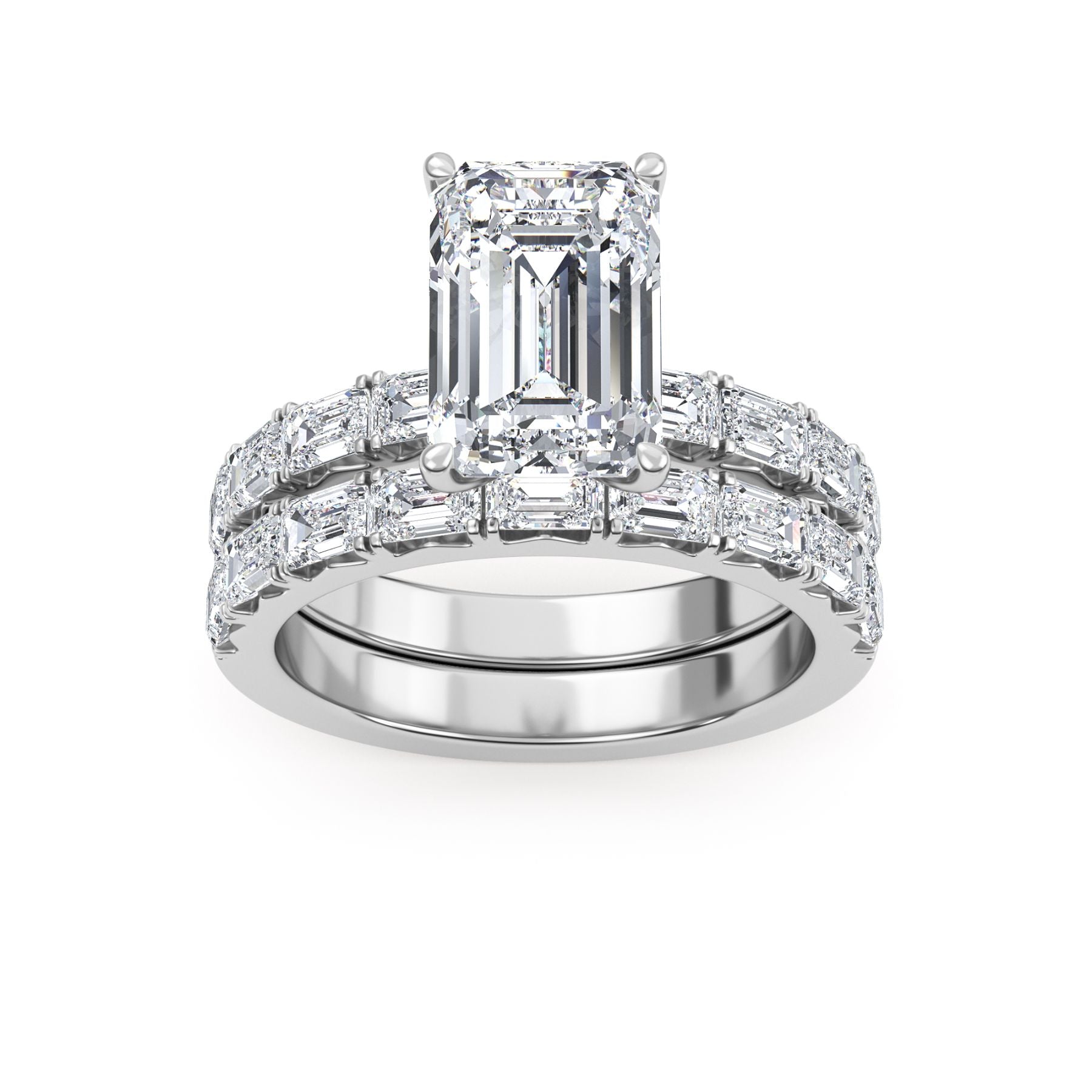 White Gold Lab Grown Diamond engagement ring and wedding band set on a white background