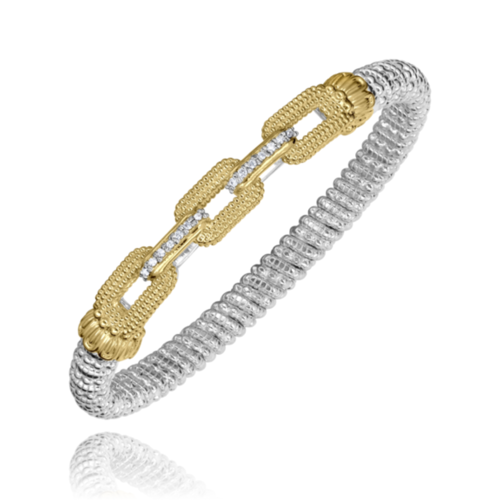 VAHAN 14K Yellow Gold Accented 0.11CTW. Diamond 6MM Link-Style Stackable Sterling Silver Bangle Bracelet