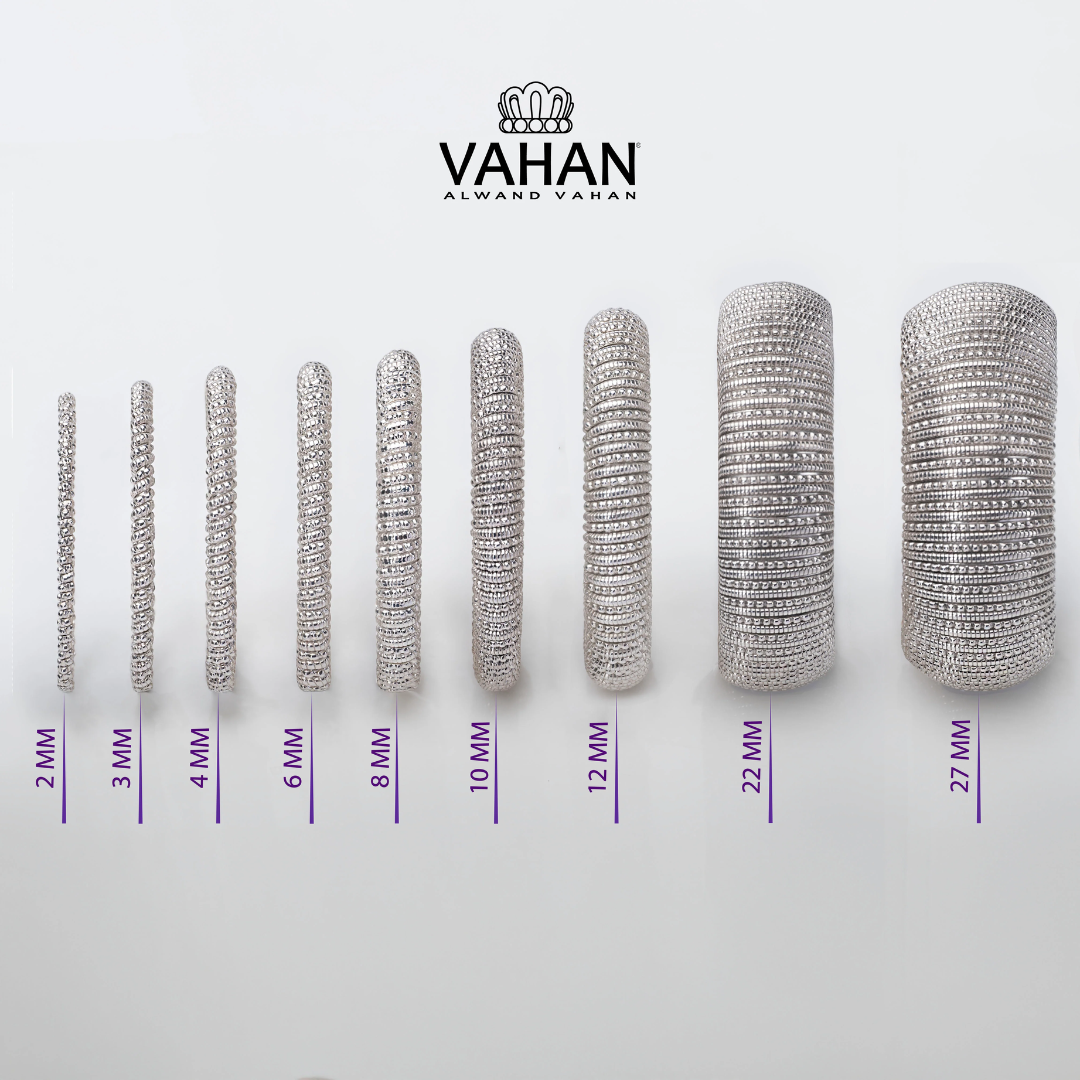 This picture shows nine bracelets lines up from thinnest (2MM) to thickest (27MM).