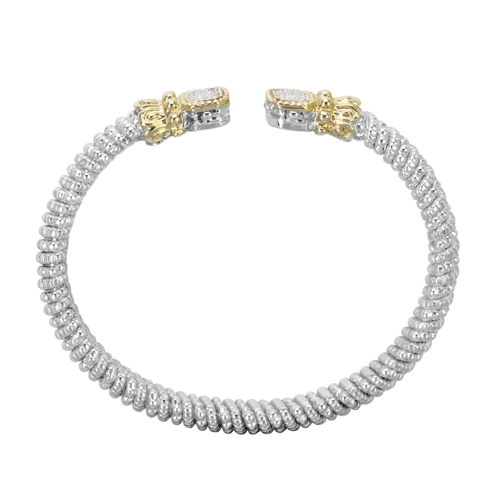 VAHAN Sterling Silver & 14K Yellow Gold 0.18CTW. Diamond 6MM Stackable Cuff Bracelet with Rectangle Ends on a white background.