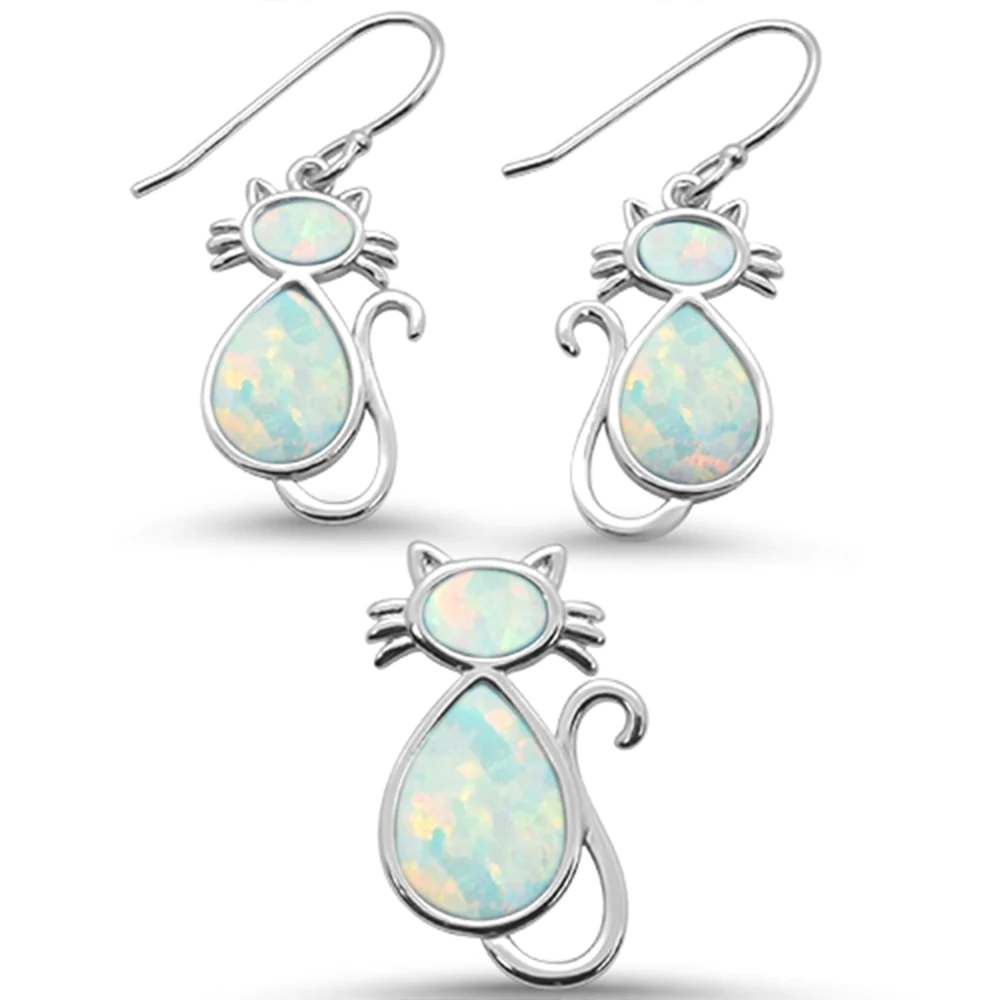 CARA Sterling Silver & Created White Opal Meow Meow 3-Piece Set