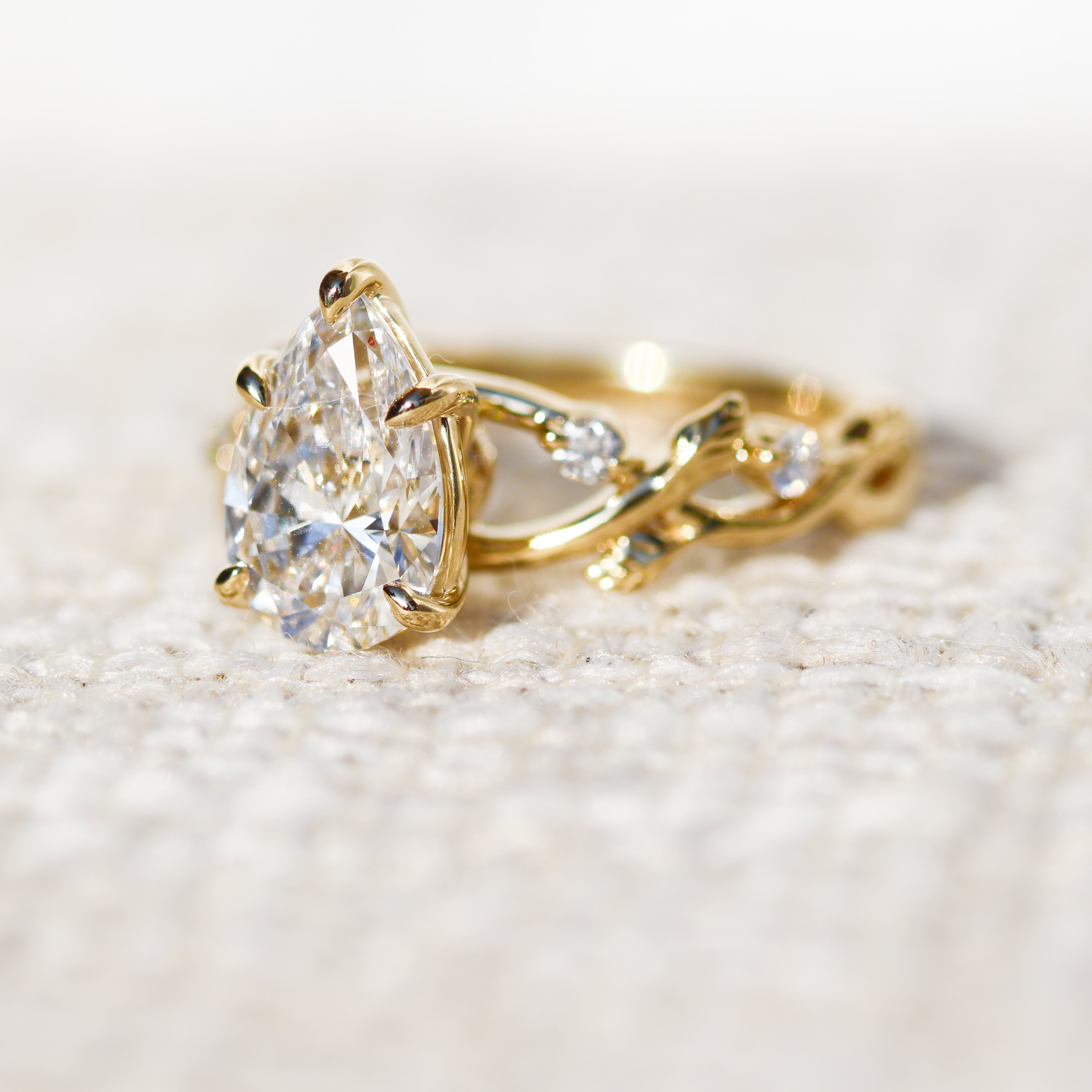 The "Willow" — 14K Yellow Gold Certified 2.19CTW. Lab-Grown Diamond Pear-Cut Nature-Inspired Vine Engagement Ring