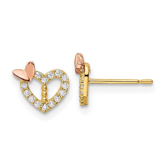 14K Yellow Gold Two-Tone CZ Heart With Butterfly Earrings