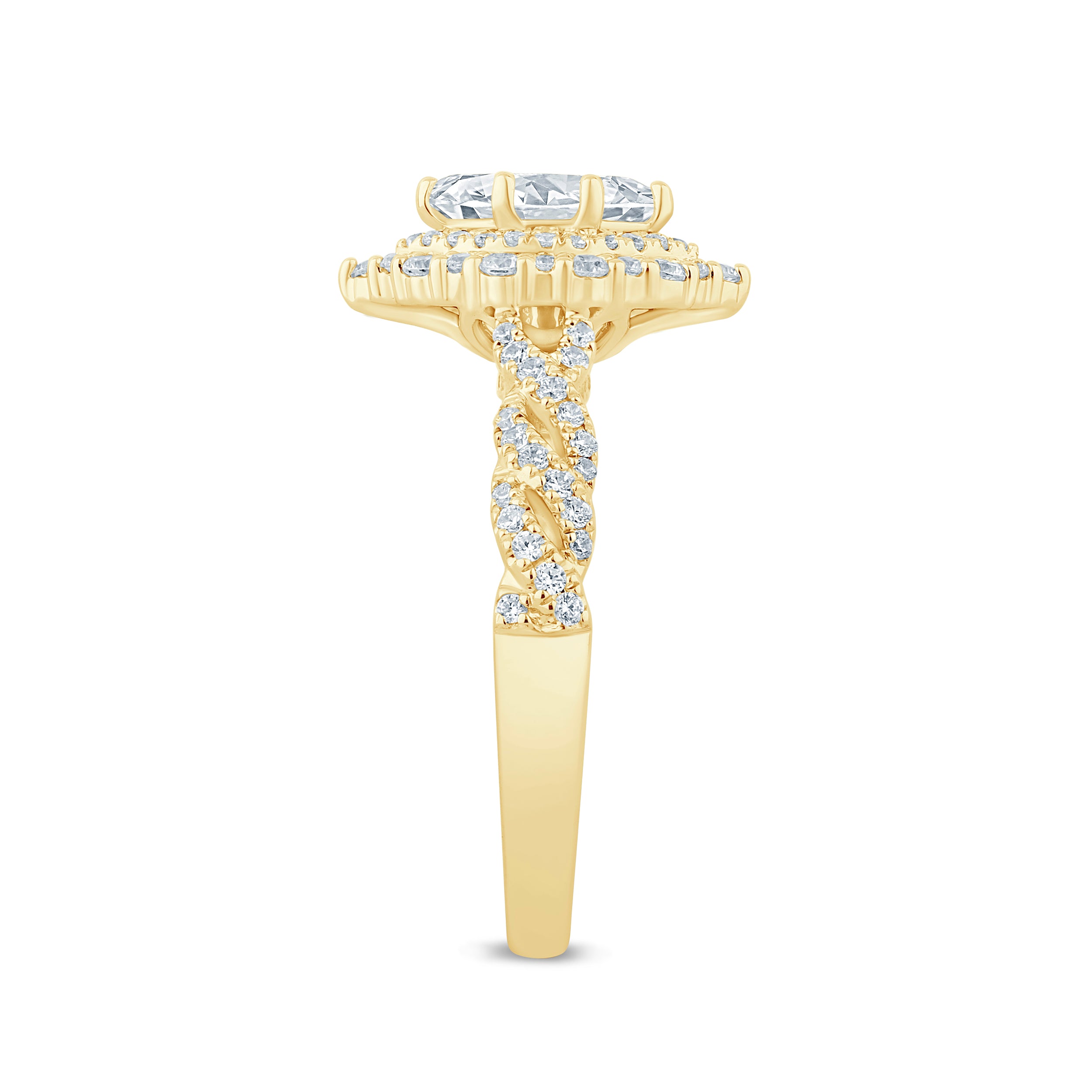 The "Macy" — Certified 14K Yellow Gold 1.10CTW. Natural Diamond Marquise Double Halo Twist Accented Engagement Ring