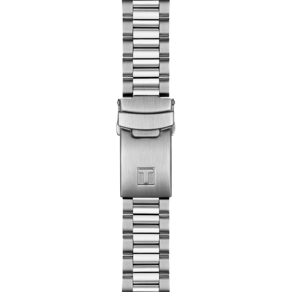 Silver watch strap with clasp on a white background