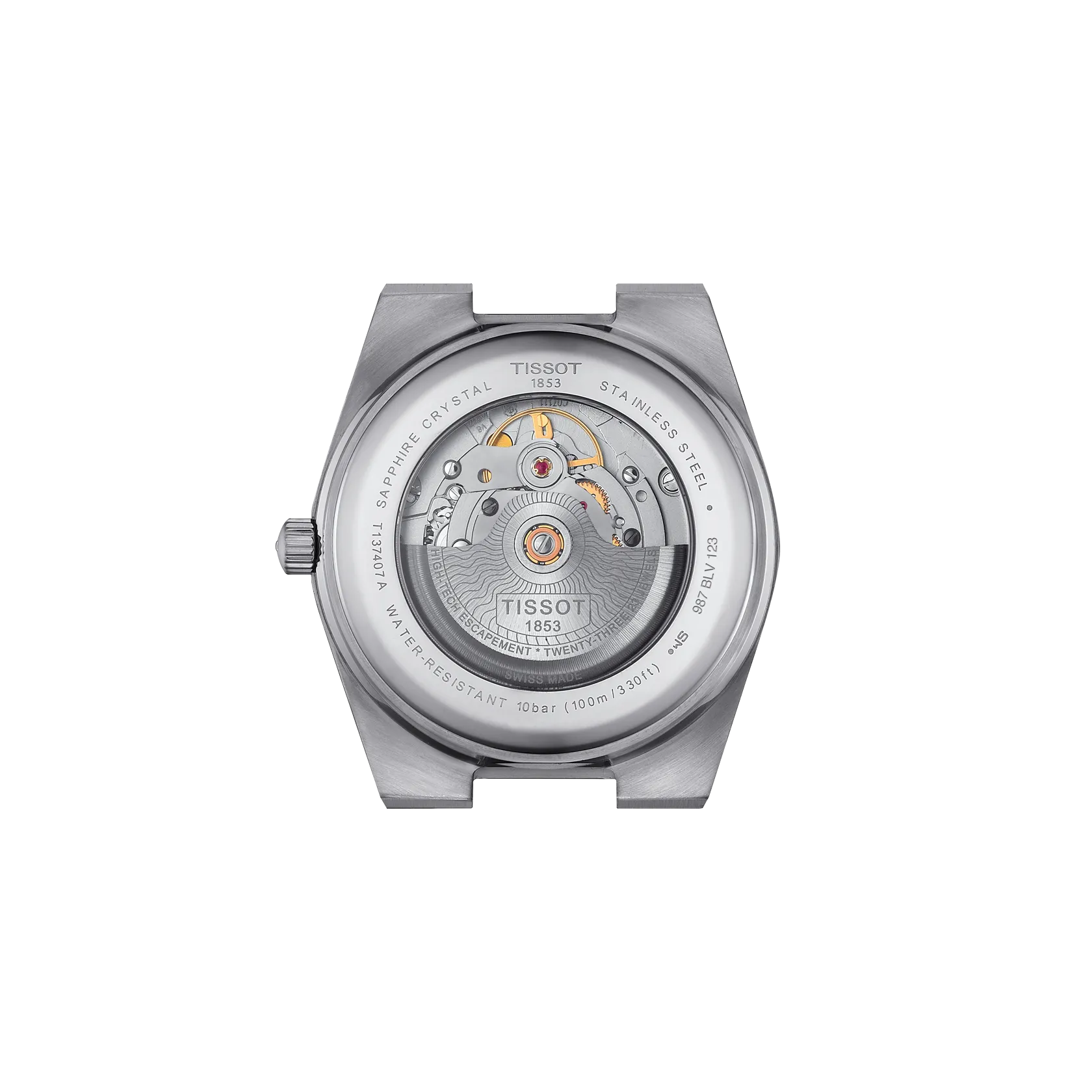 Tissot watch back cover on a white background