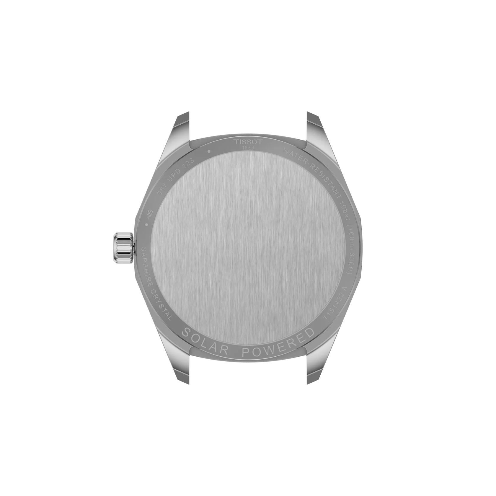 Silver watch case with 'Solar Powered' text on a white background