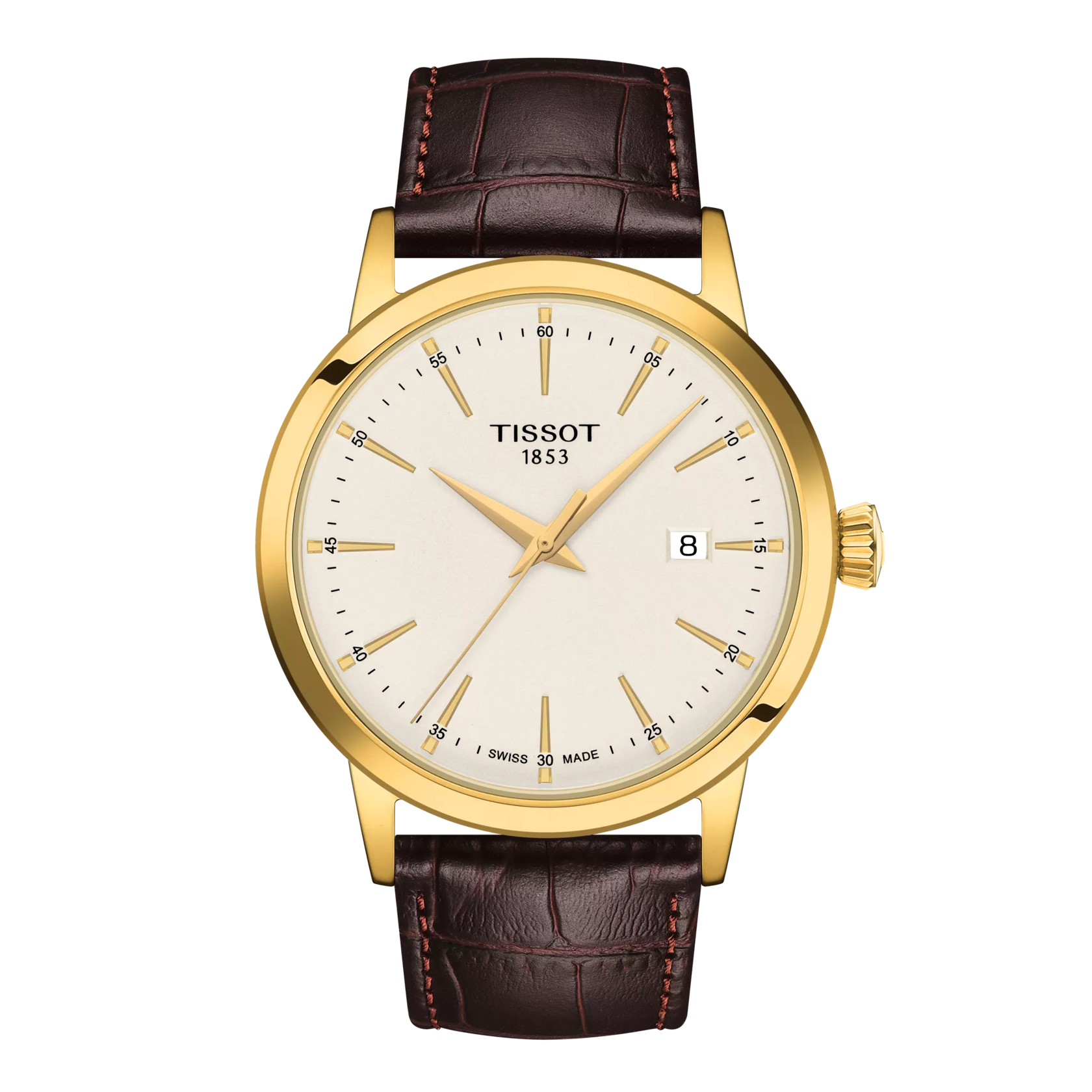 Tissot watch with gold case and brown leather strap on a white background
