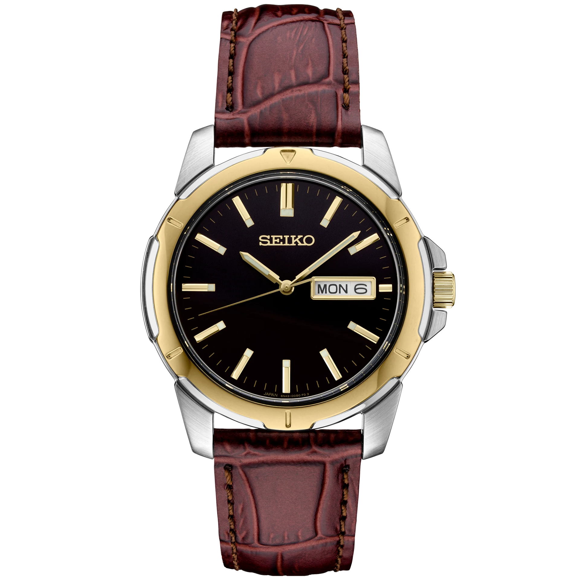 Seiko watch with brown leather strap and black dial on a white background