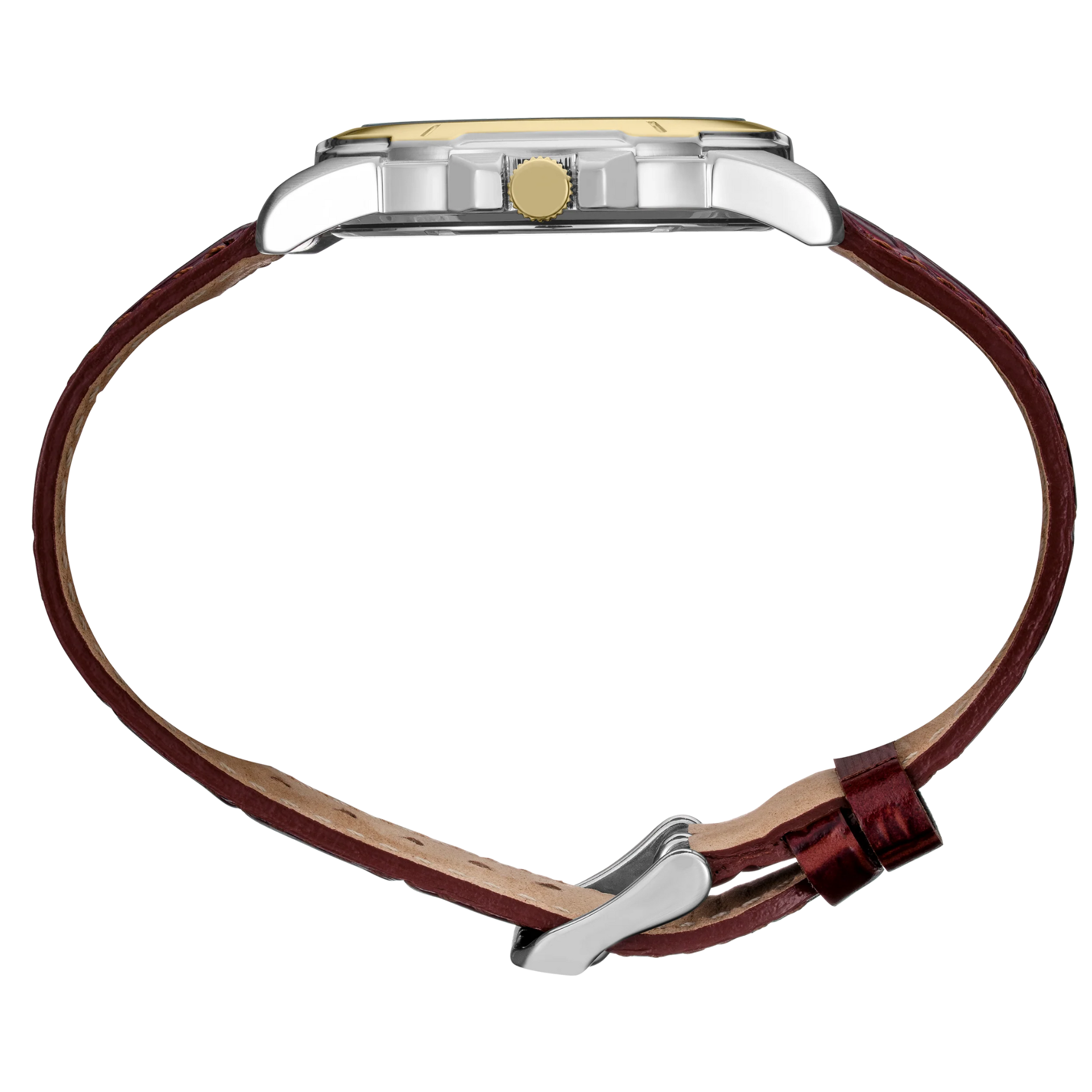 Close-up of a watch with a brown leather strap on a white background