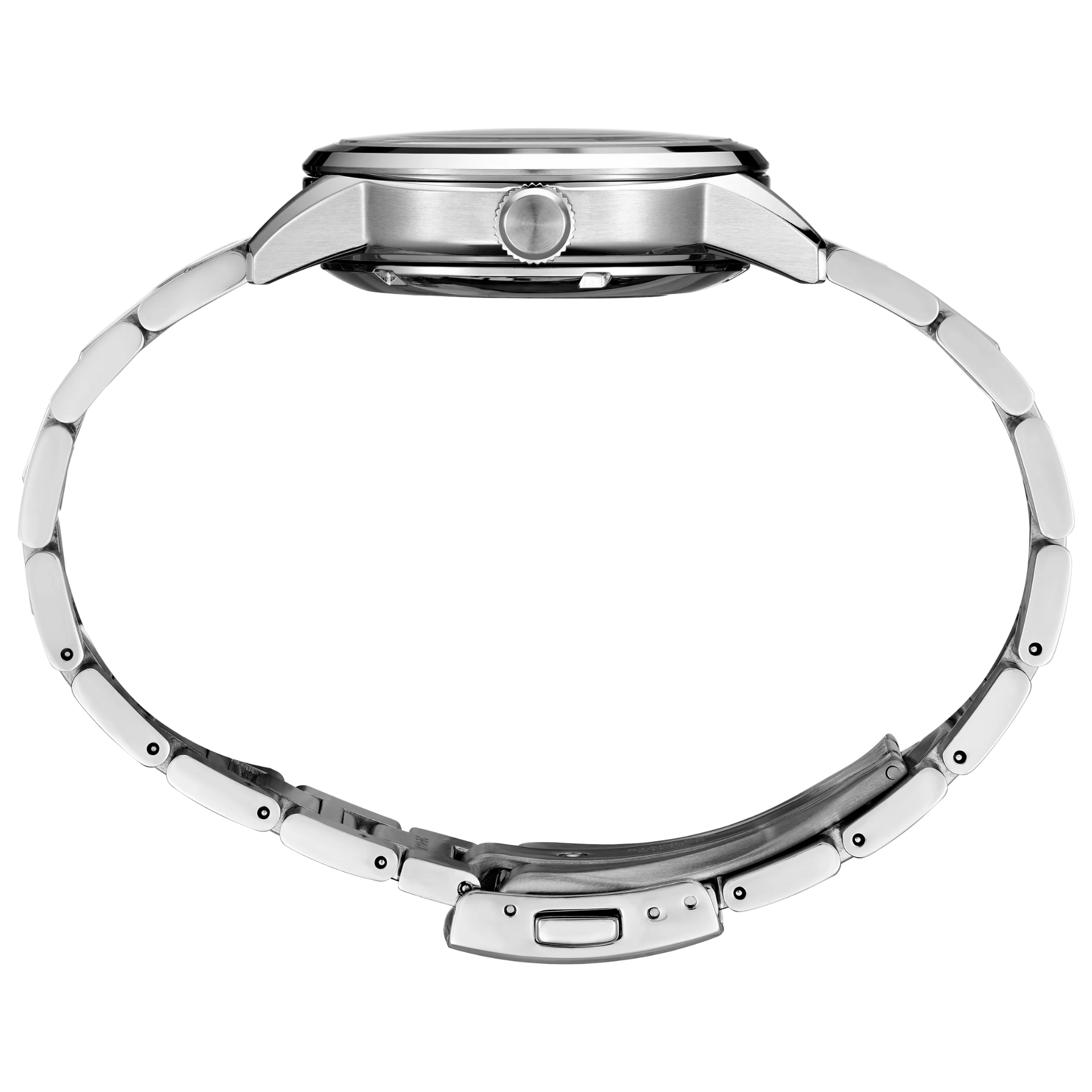 Close-up of a silver watch band on a white background