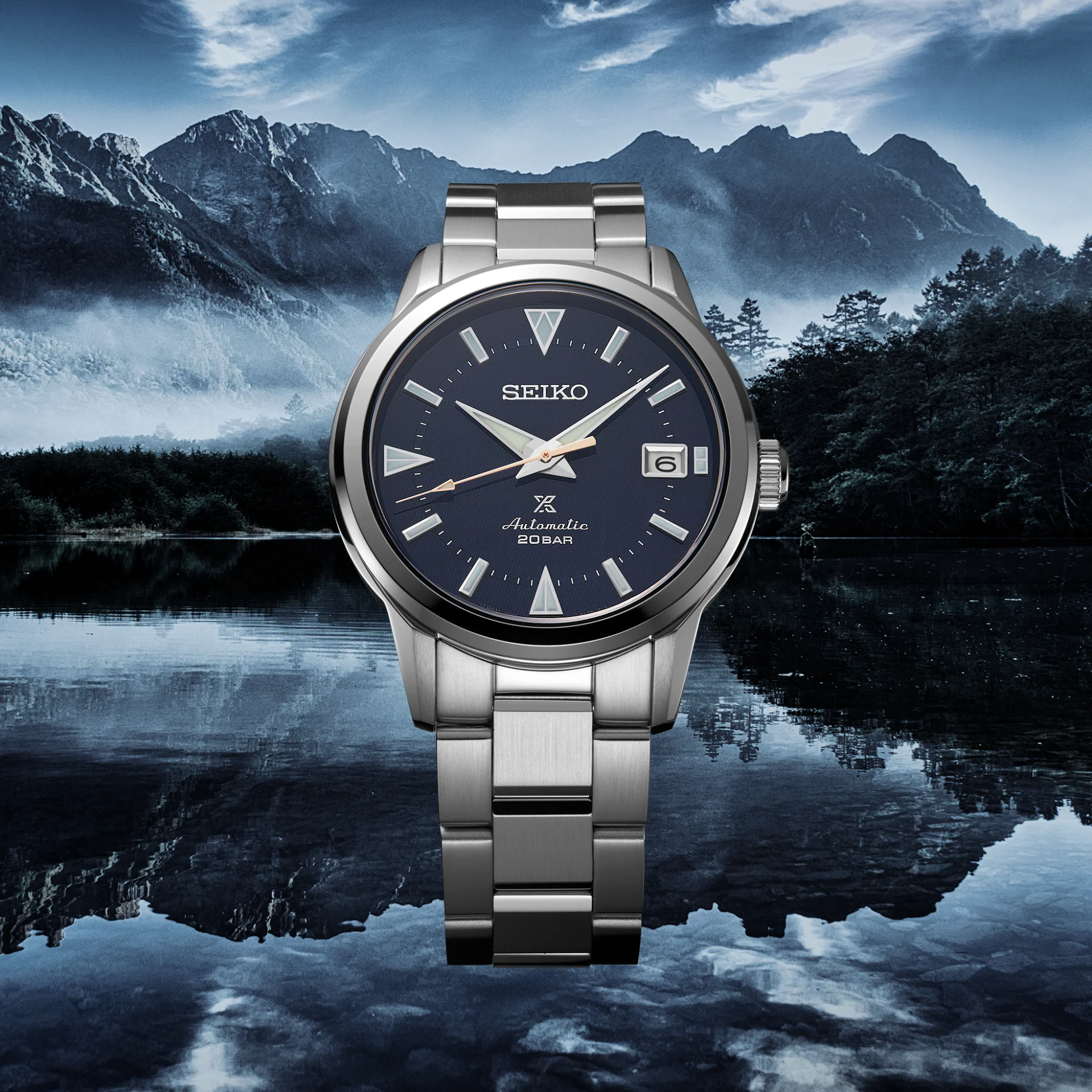 Seiko watch with a mountain and lake background