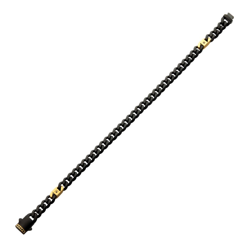 INOX 8mm Black IP Steel Matte Finish Miami Cuban Chain Bracelet with Genuine Black Sapphire Gem and Gold IP-Plated Accents