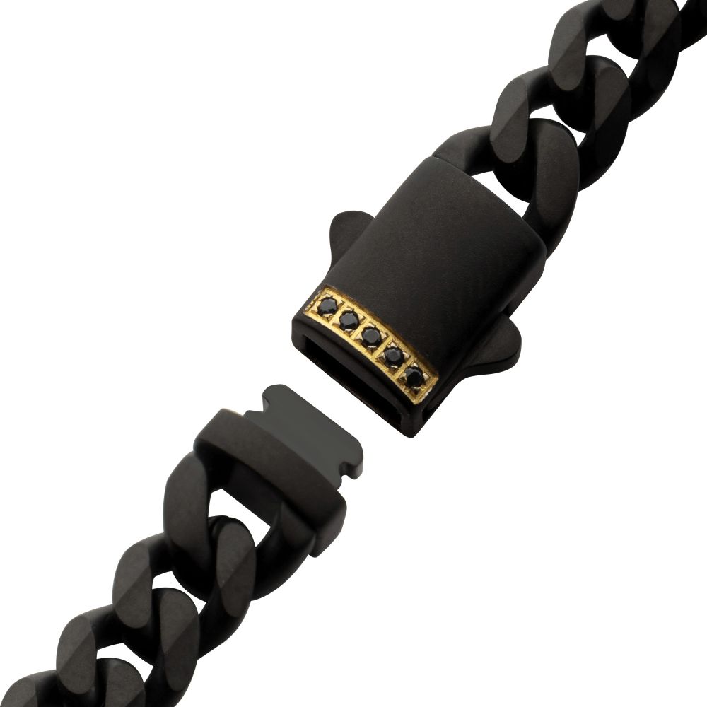 INOX 8mm Black IP Steel Matte Finish Miami Cuban Chain Bracelet with Genuine Black Sapphire Gem and Gold IP-Plated Accents