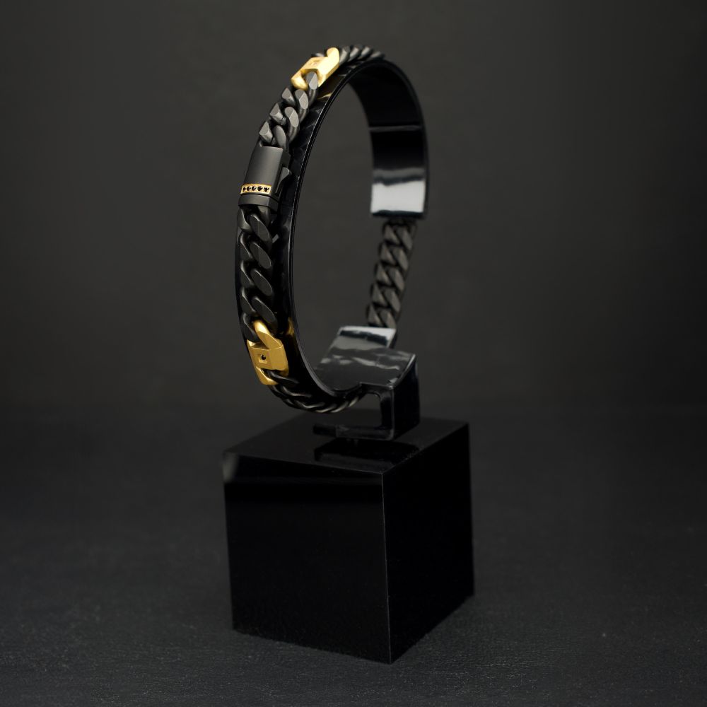 INOX 8mm Black IP Steel Matte Finish Miami Cuban Chain Bracelet with Genuine Black Sapphire Gem and Gold IP-Plated Accents
